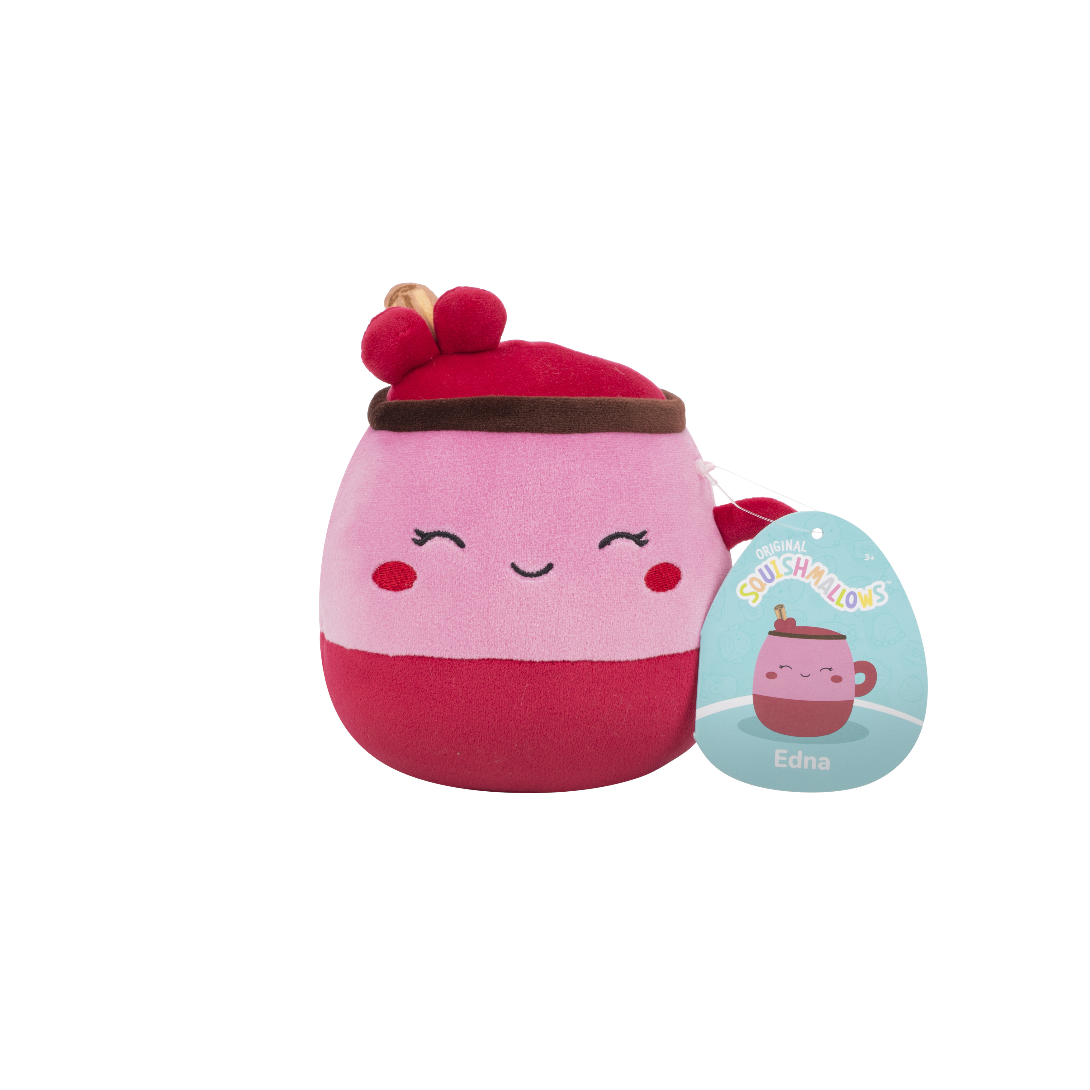 Ein rosa und rotes Squishmallow-Plüschtier mit einem braunen Band und einem roten Hut mit zwei Bommeln.