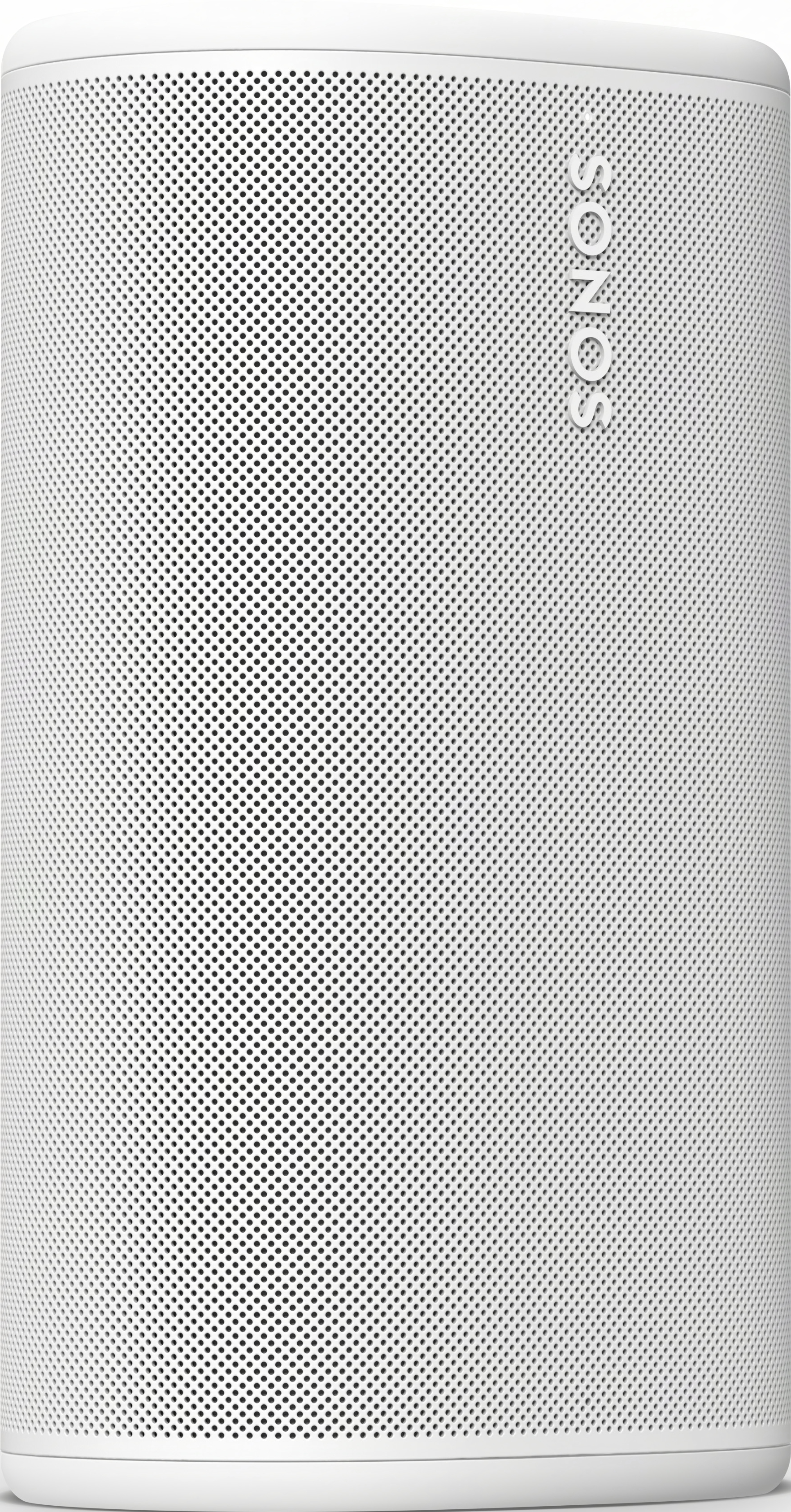 Un haut-parleur Sonos blanc avec surface perforée et logo.