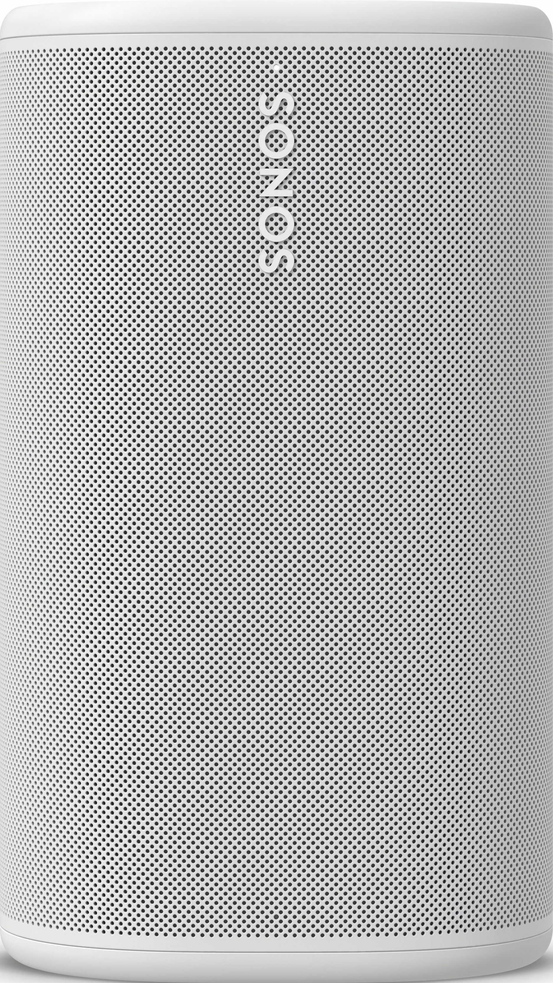 Une enceinte blanche et cylindrique avec le logo Sonos.