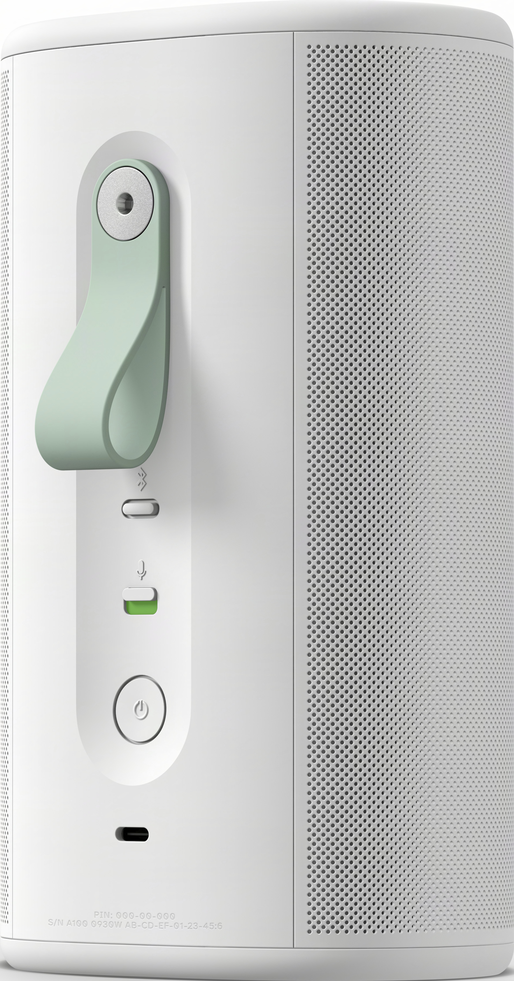 Enceinte blanche avec poign©e vert menthe, boutons et port USB-C.