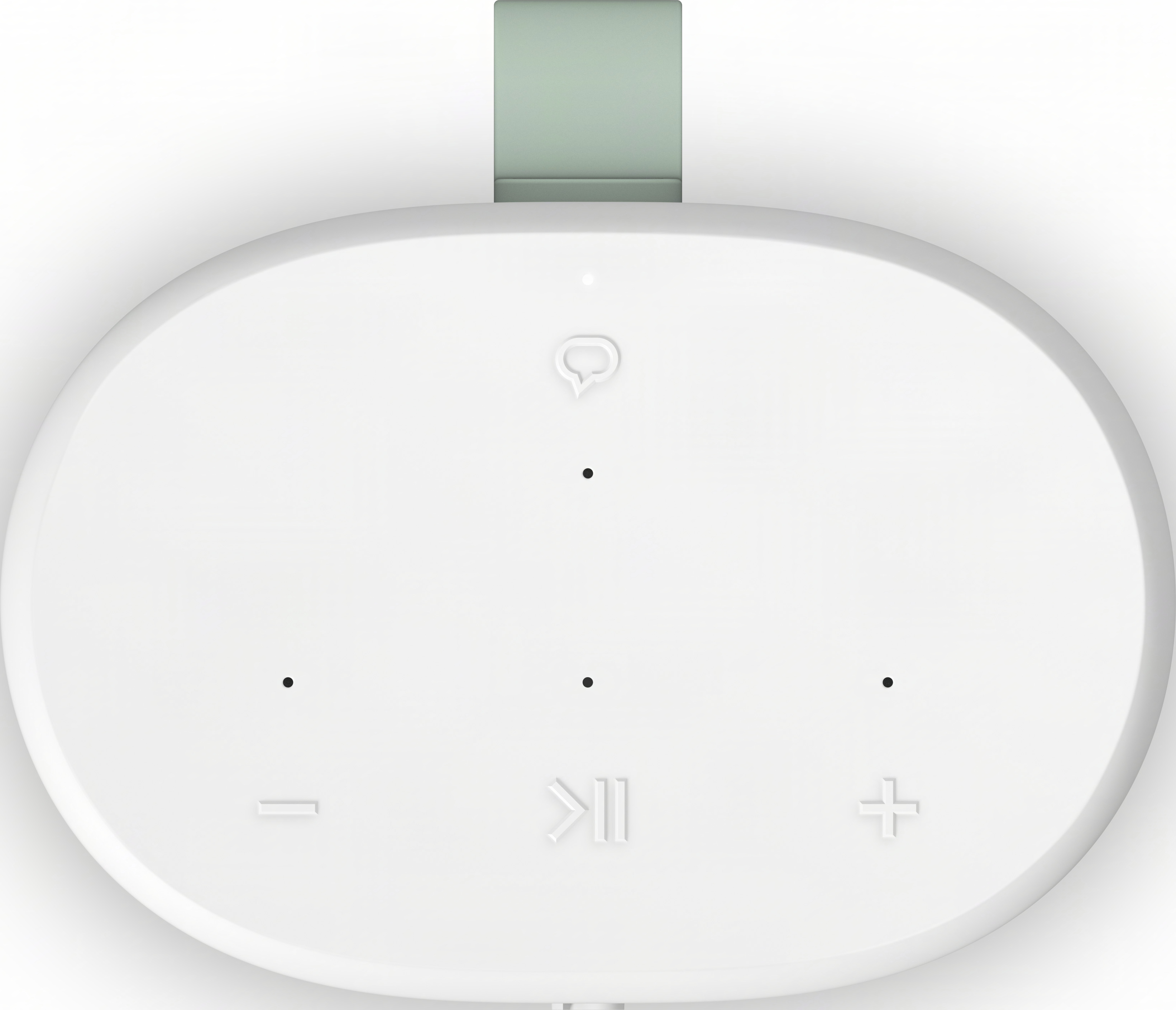 Enceinte connectée ovale blanche avec icônes play/pause, volume et bulle.