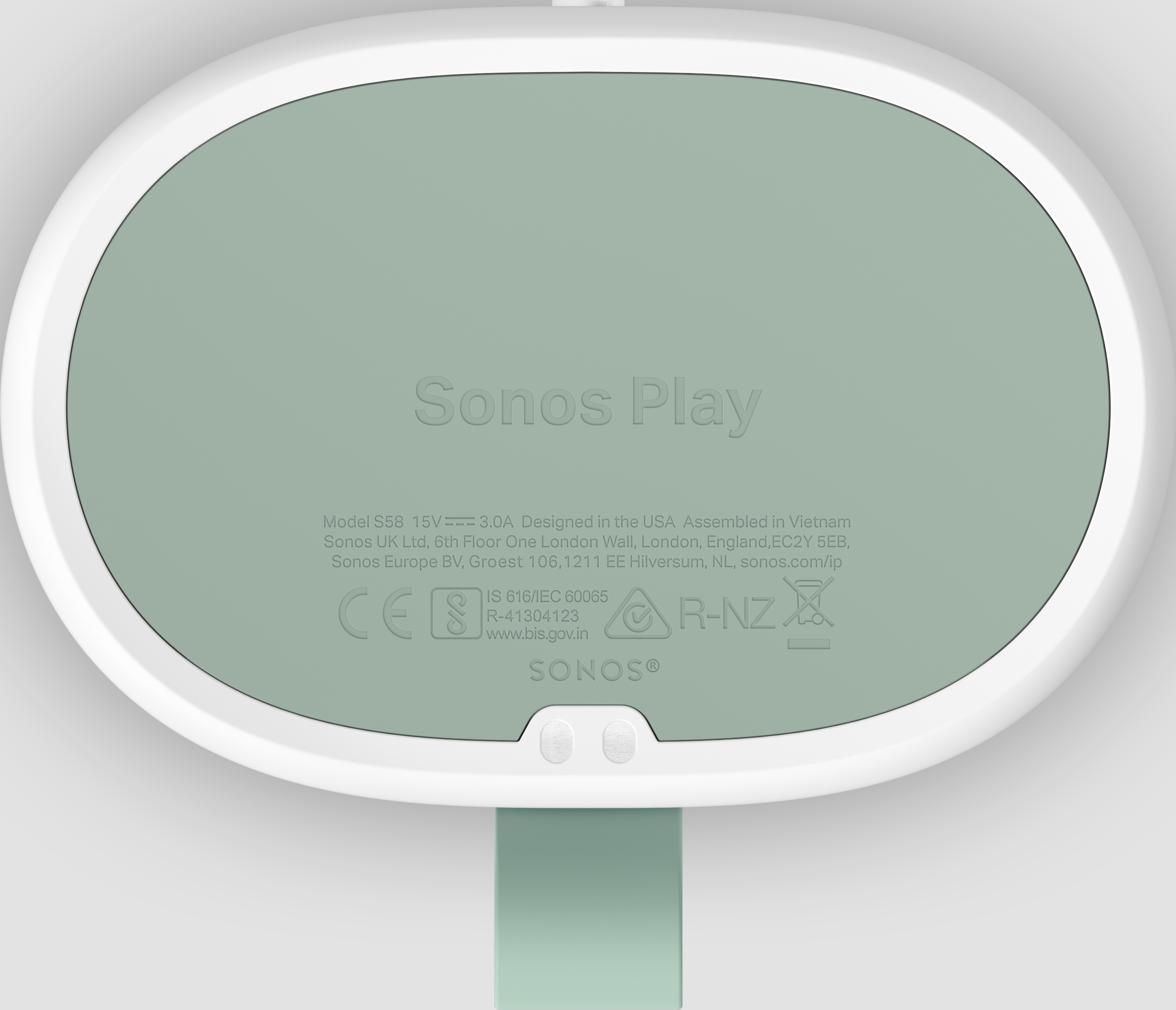 Enceinte Sonos Play blanche et vert menthe avec détails techniques au dos.