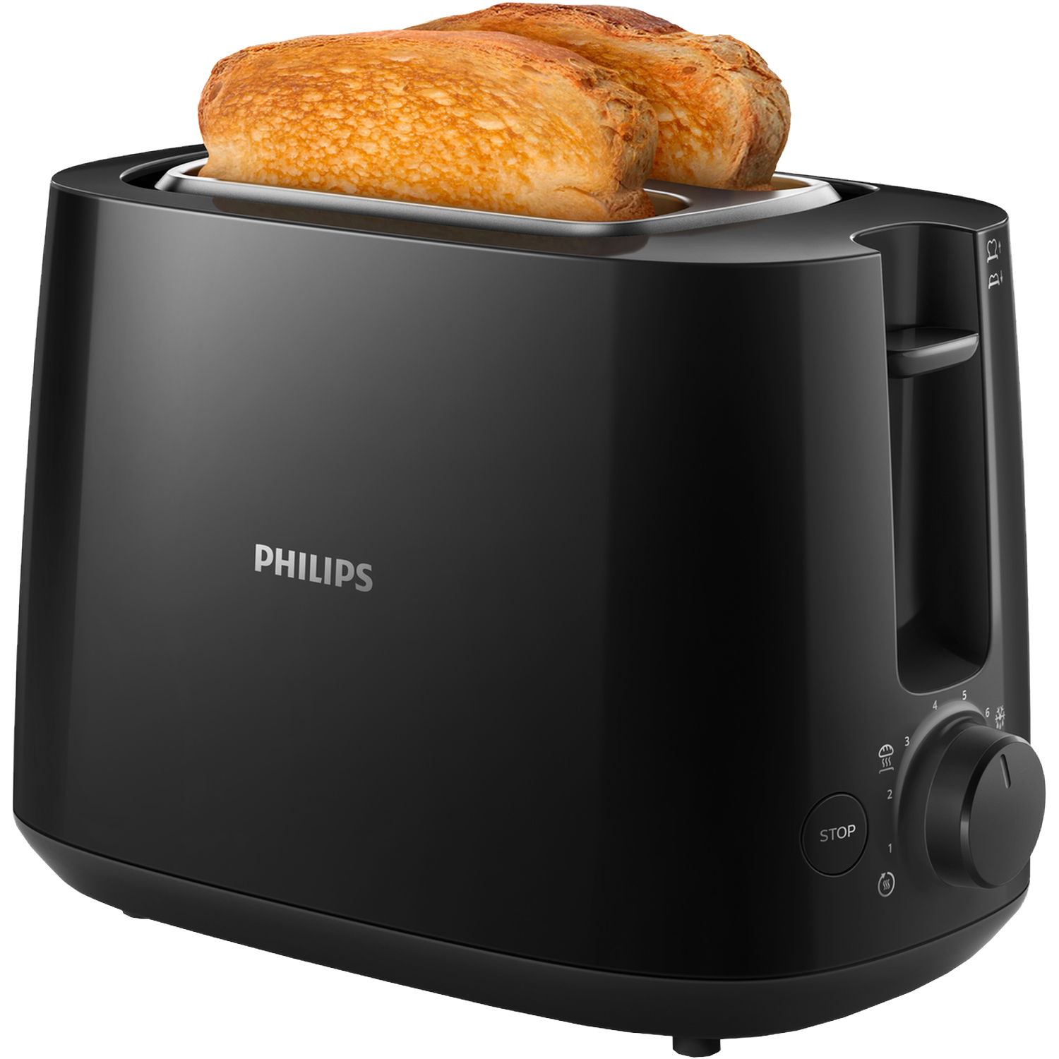 Zwarte Philips toaster met twee goudbruine sneetjes brood