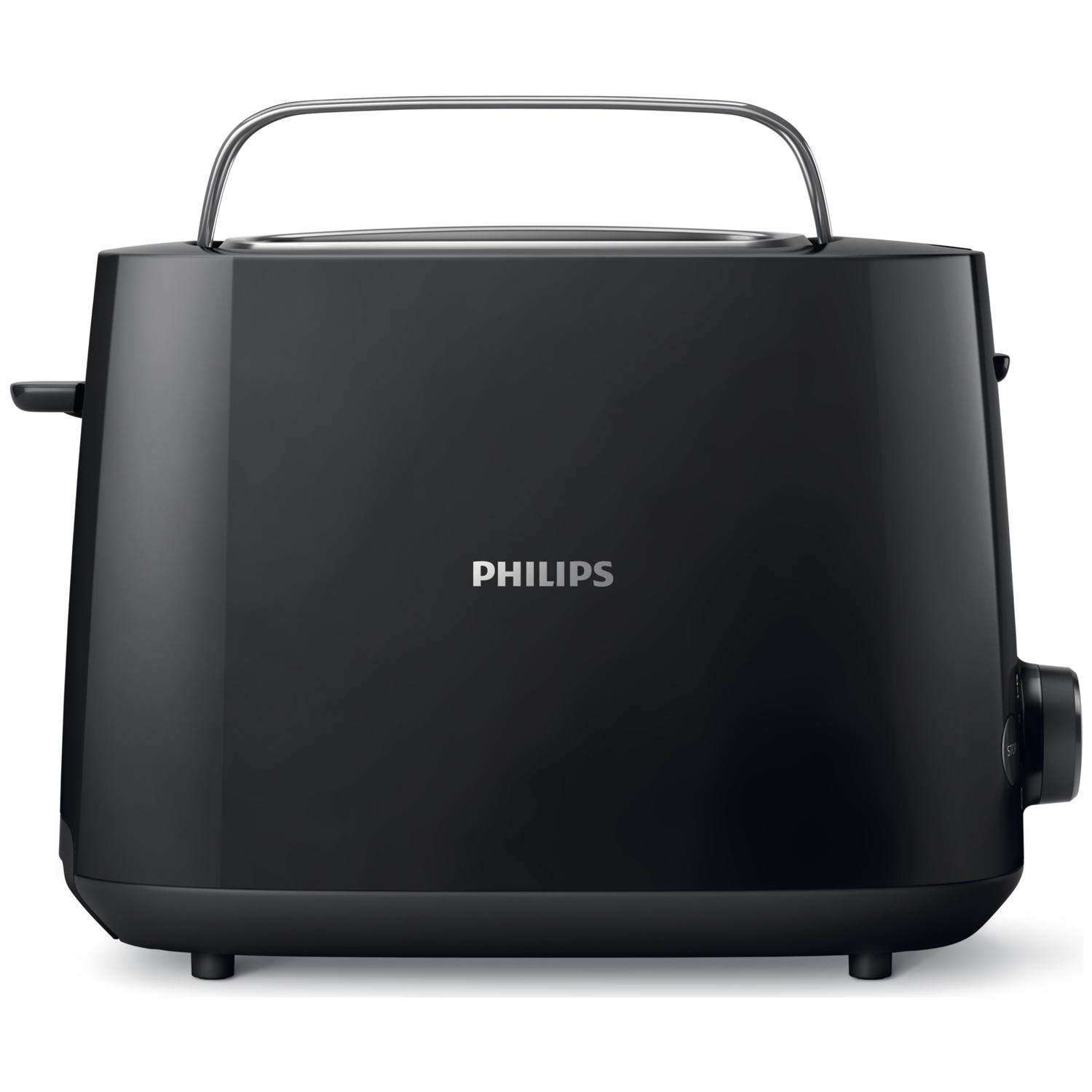 Een glanzende zwarte Philips broodrooster met een zilveren handvat.