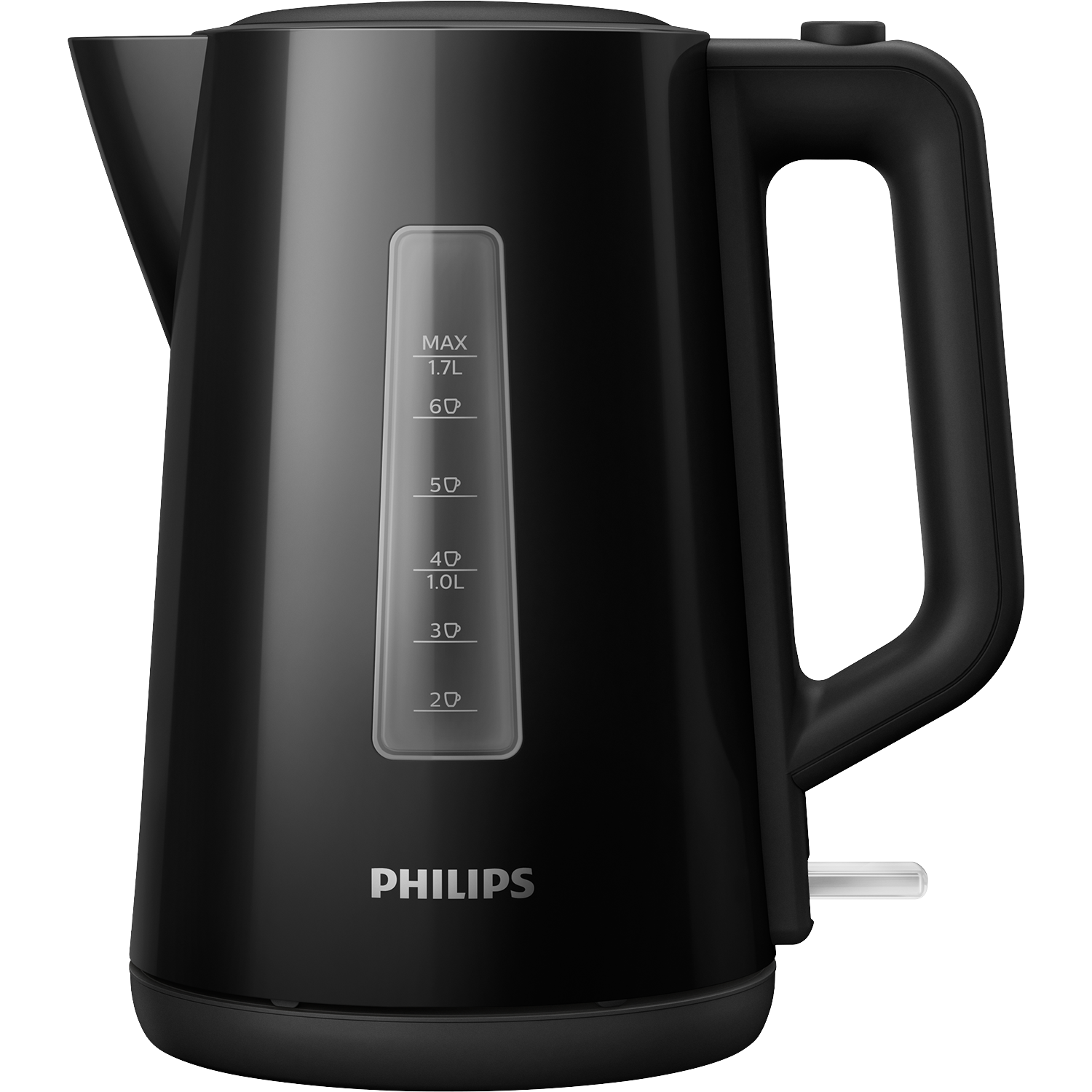 Zwarte Philips waterkoker met waterniveau-indicator en handvat.