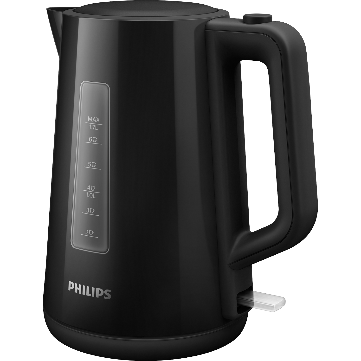 Zwarte Philips waterkoker met waterniveau indicator en handvat.
