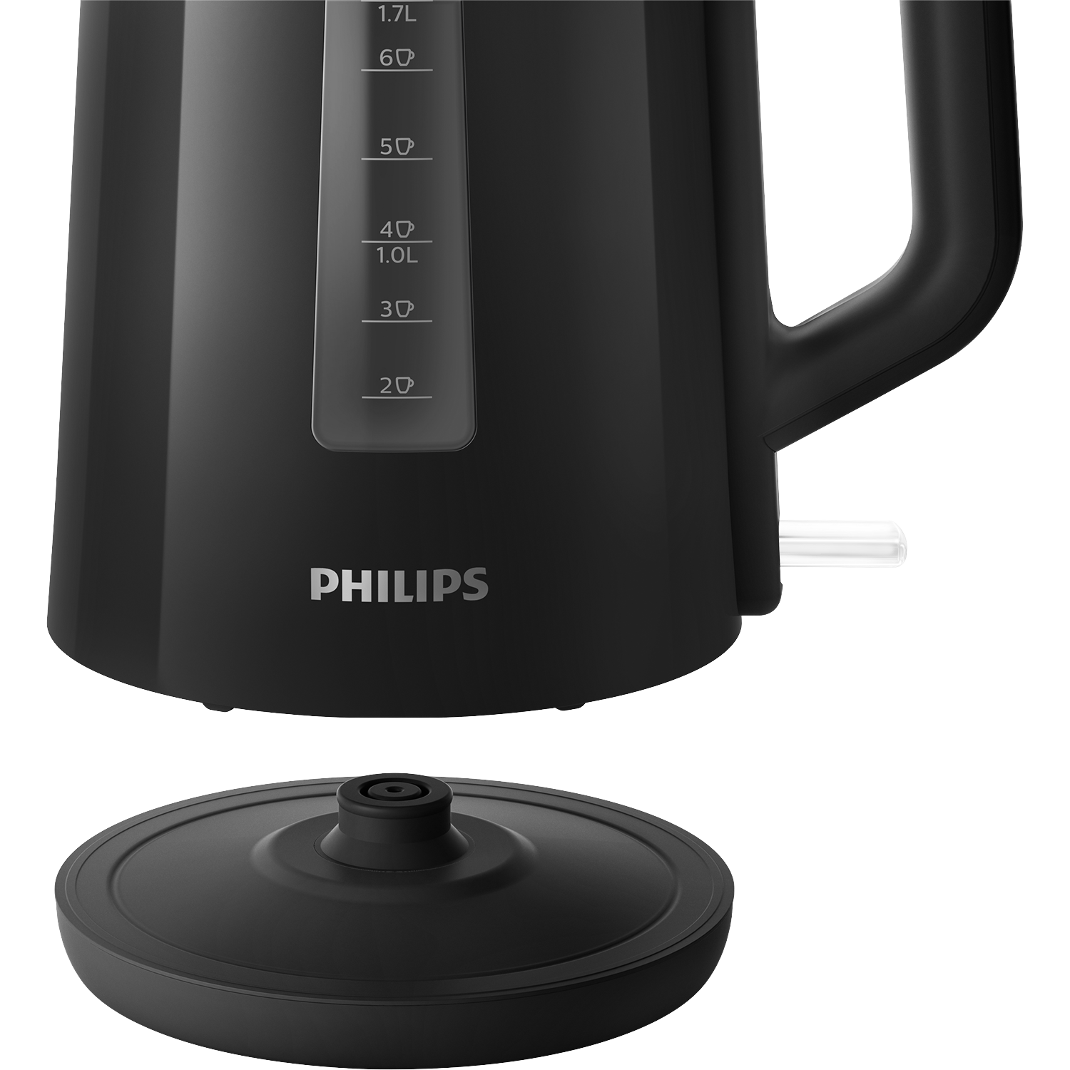 Zwarte waterkoker met literindicatie en Philips logo, losse voet.
