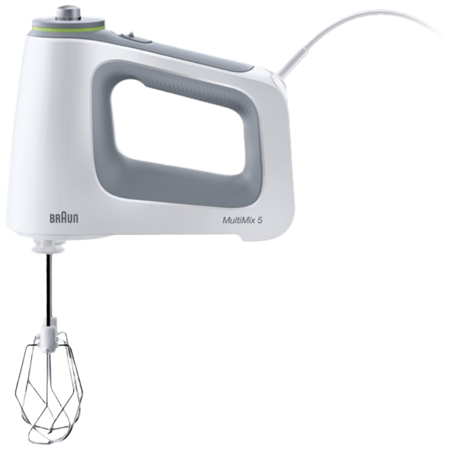Een witte handmixer met een grijze handgreep en groene accenten.