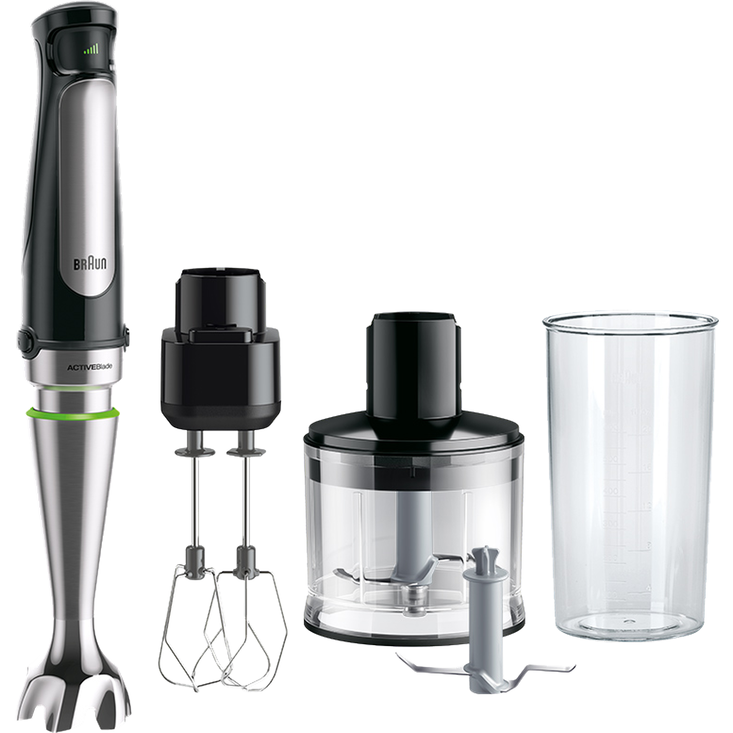 Een staafmixer set met zilveren staaf, zwarte bovenkant, garde, hakmolen en beker.