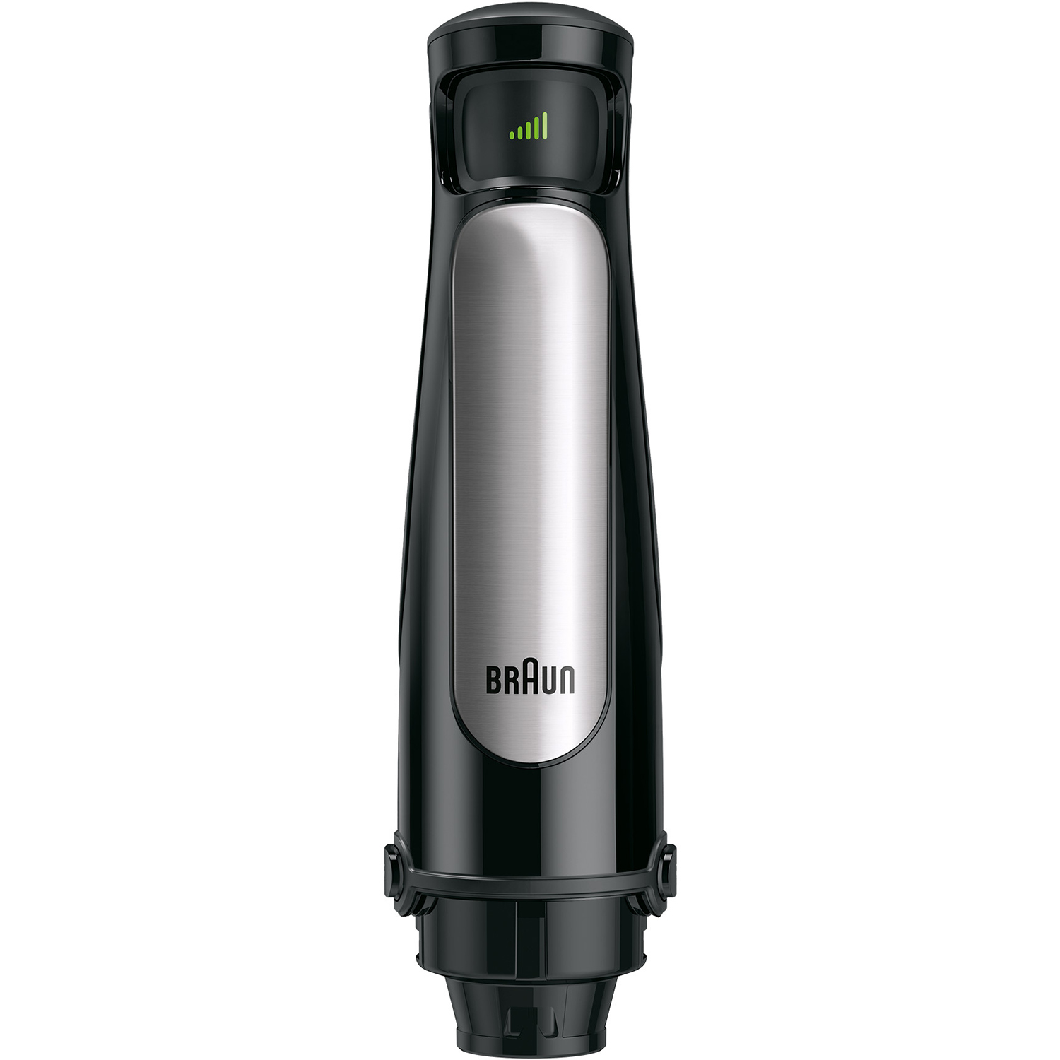 Zwarte staafmixer handgreep met zilverkleurig middengedeelte en groene LED-indicator.