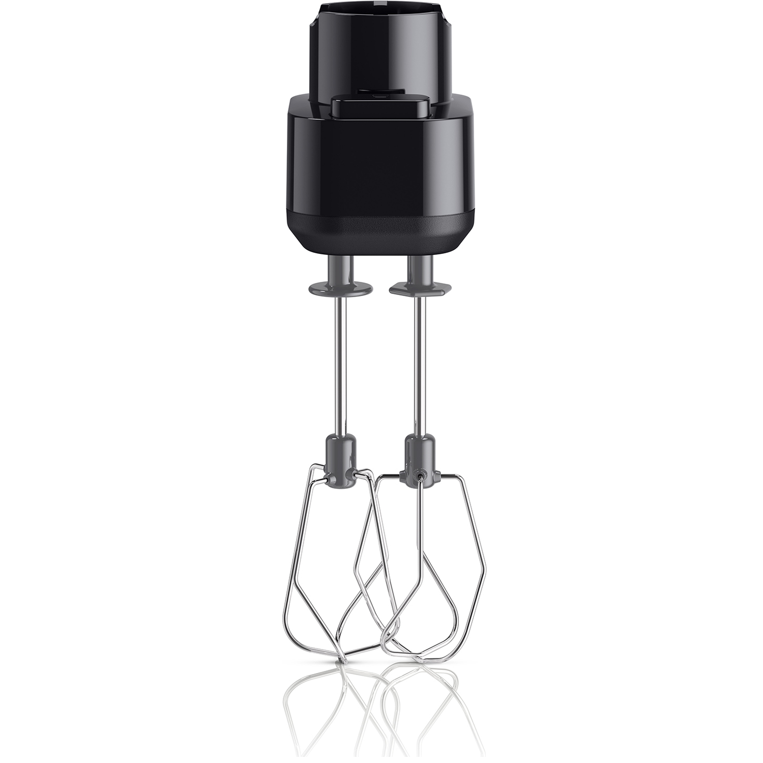 Zwarte handmixer opzetstuk met twee kloppers op witte achtergrond.