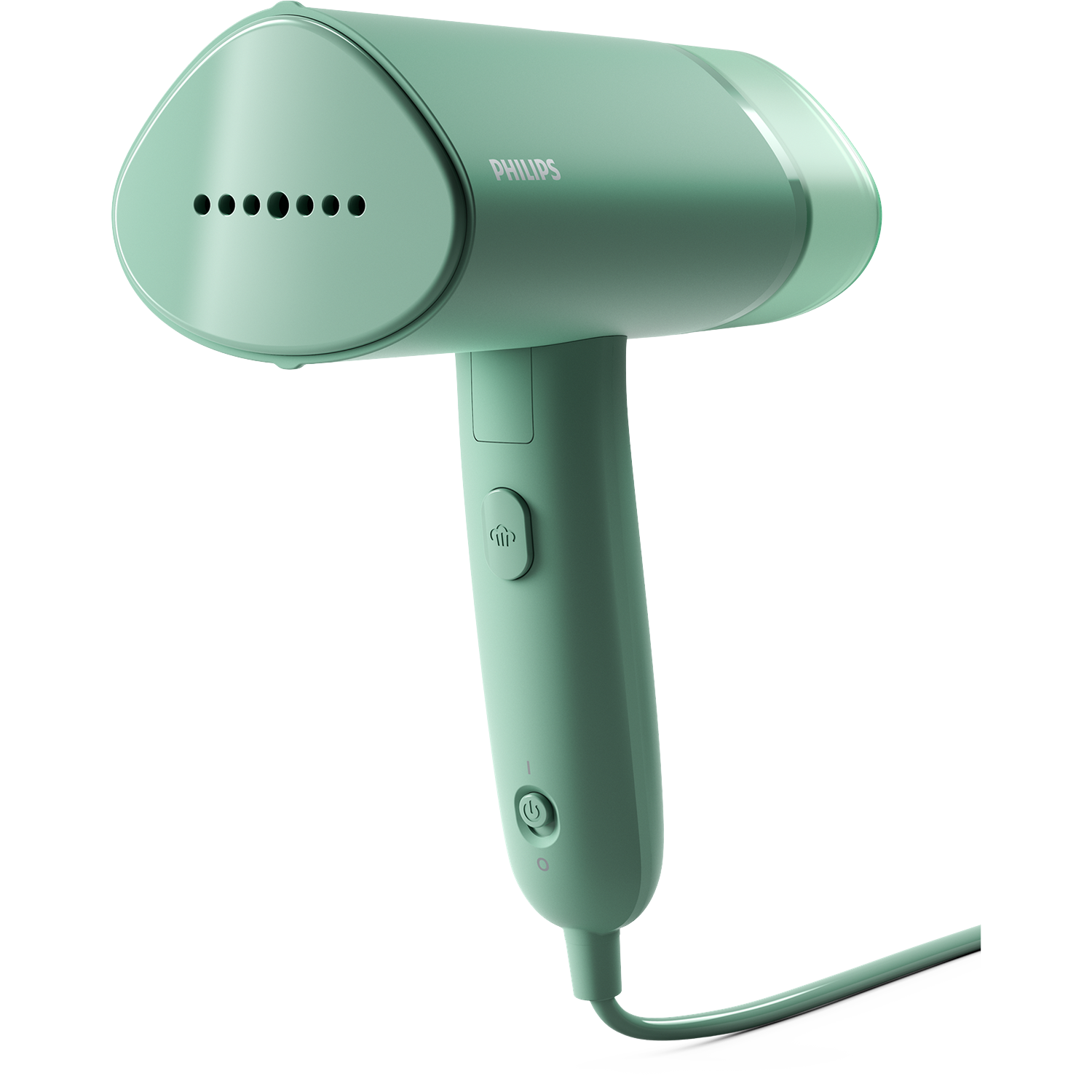 Een teal Philips handheld kledingstomer met handvat en stoomopeningen.