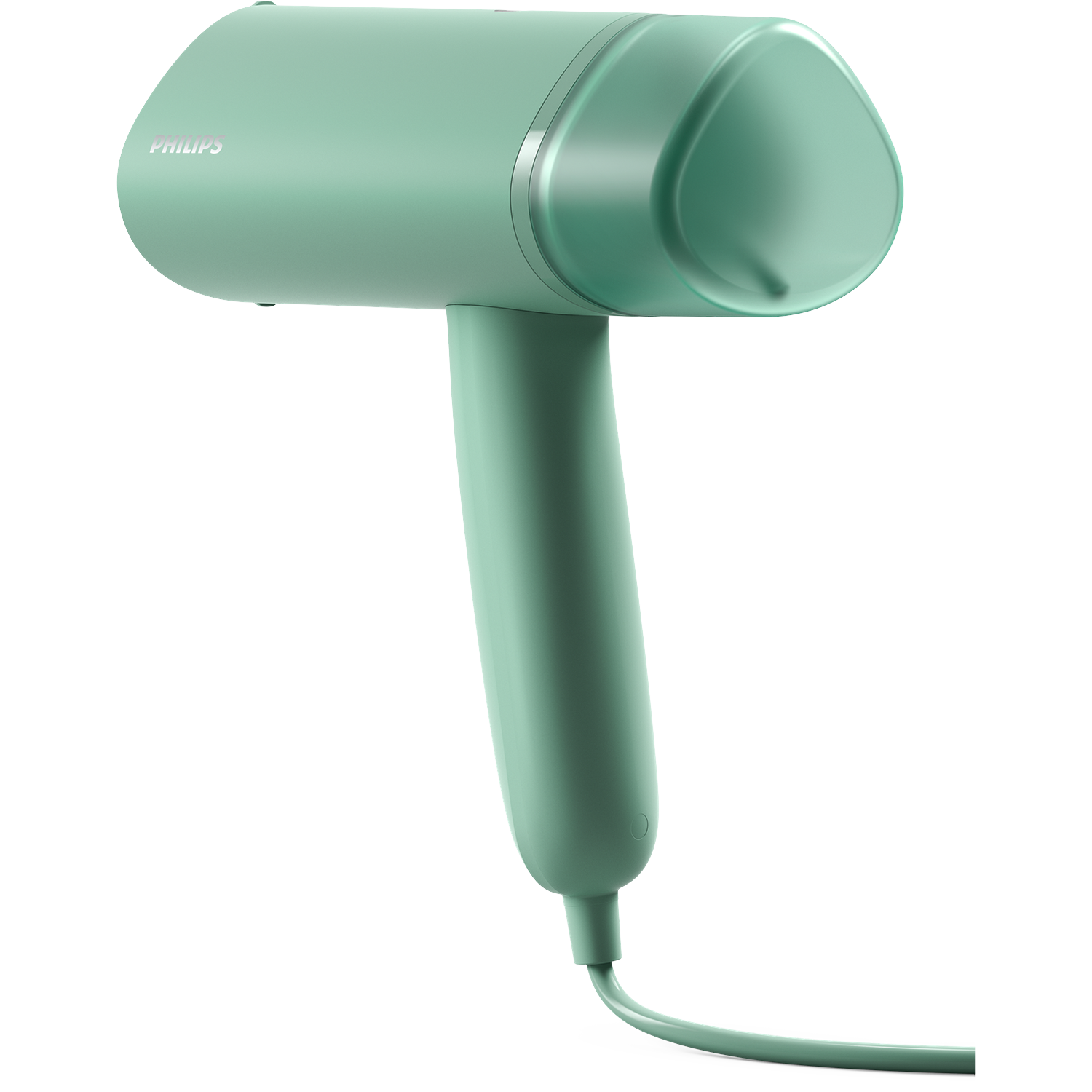 Een zeegroene Philips handstomer met handvat en snoer.