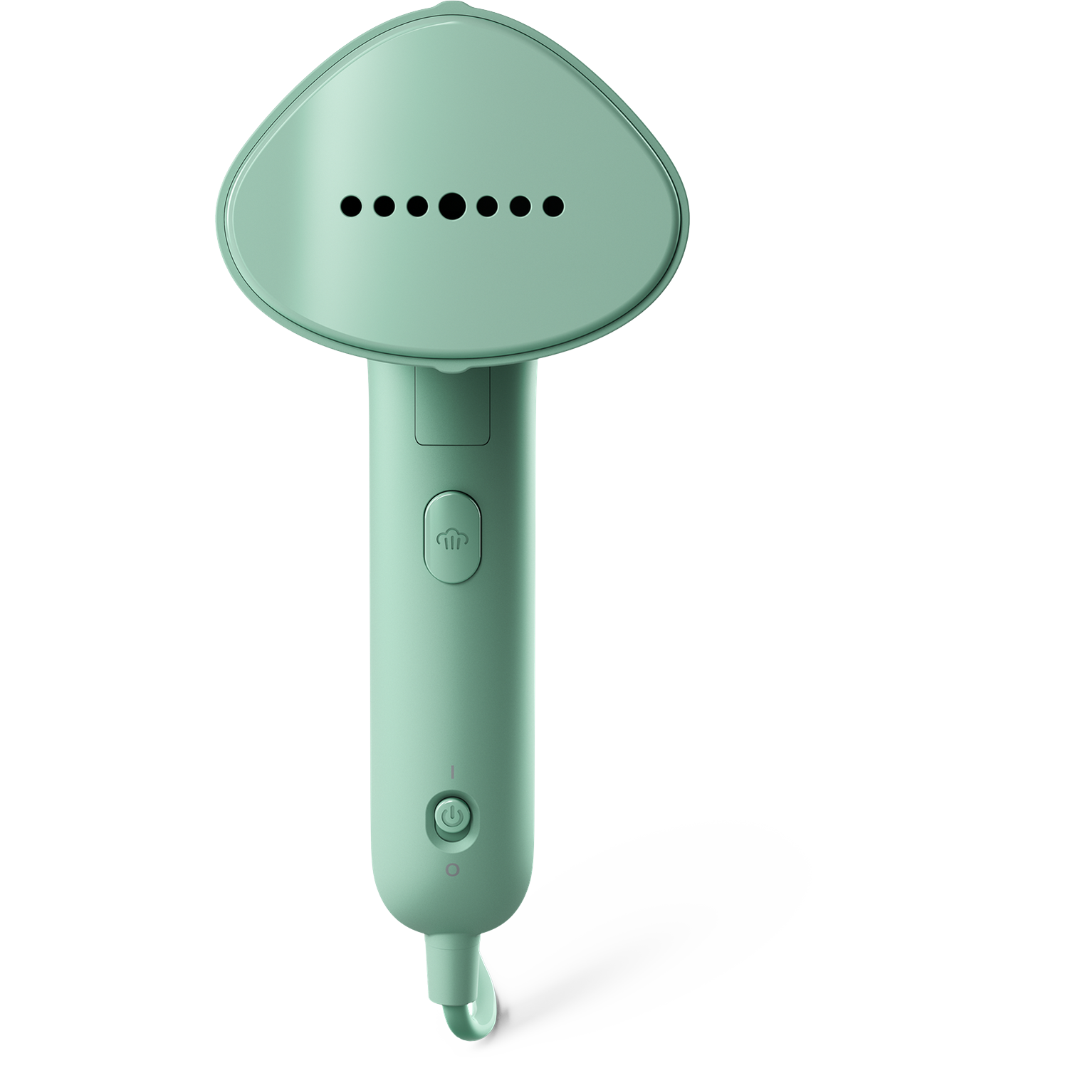 Een teal-kleurige handstomer met een driehoekige kop en een handvat.