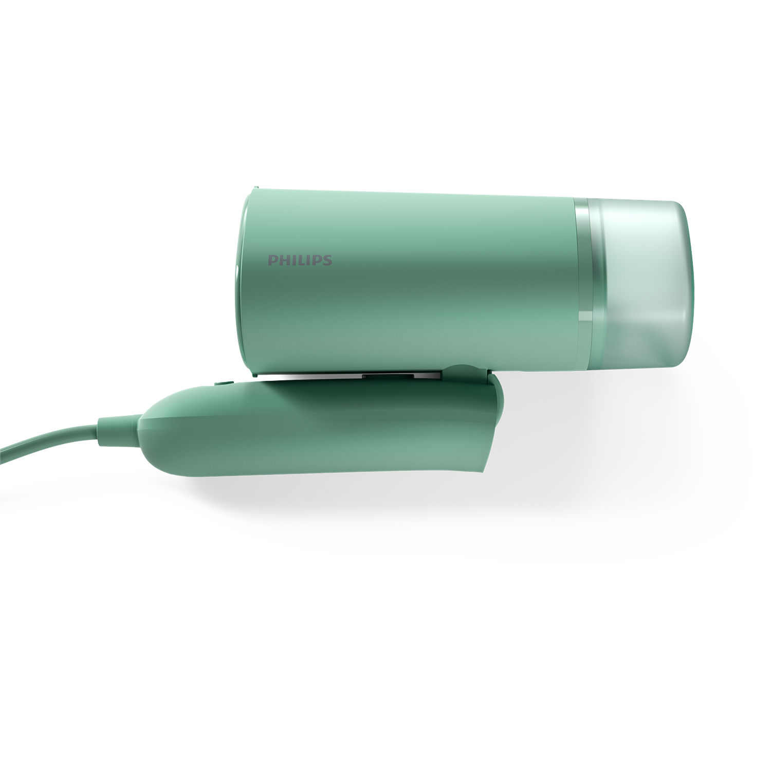 Een kleine, mintgroene Philips haardroger met een doorschijnende kap en snoer.