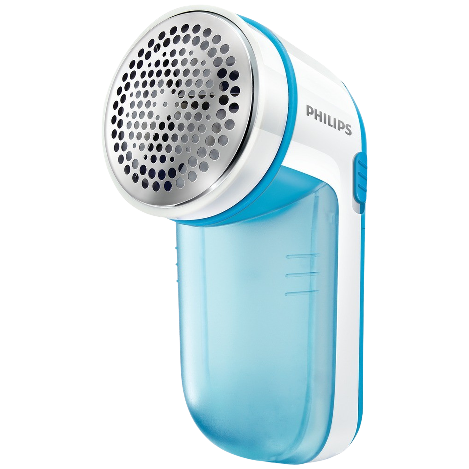Een wit-blauwe Philips pluizenverwijderaar met een rond metalen rooster en een transparante opvangbak.