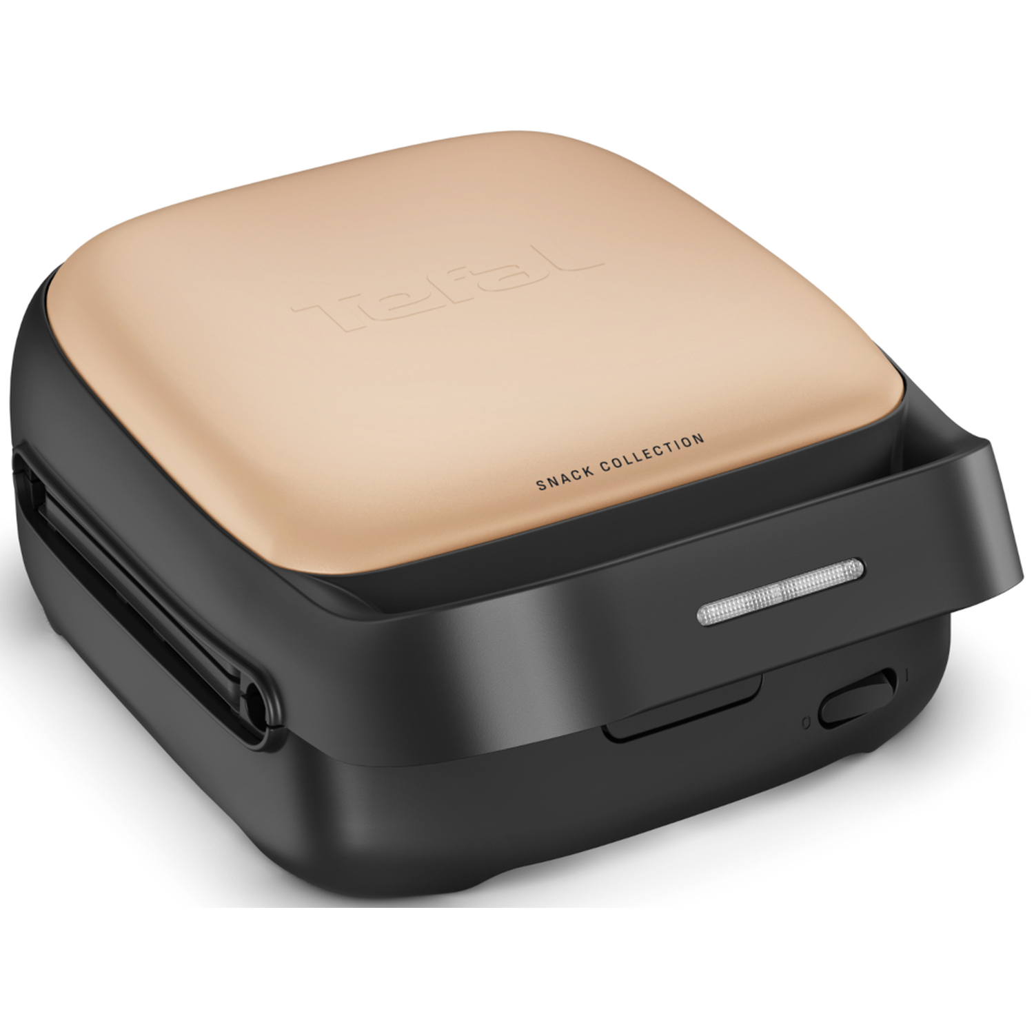 A closed black and gold Tefal waffle maker.