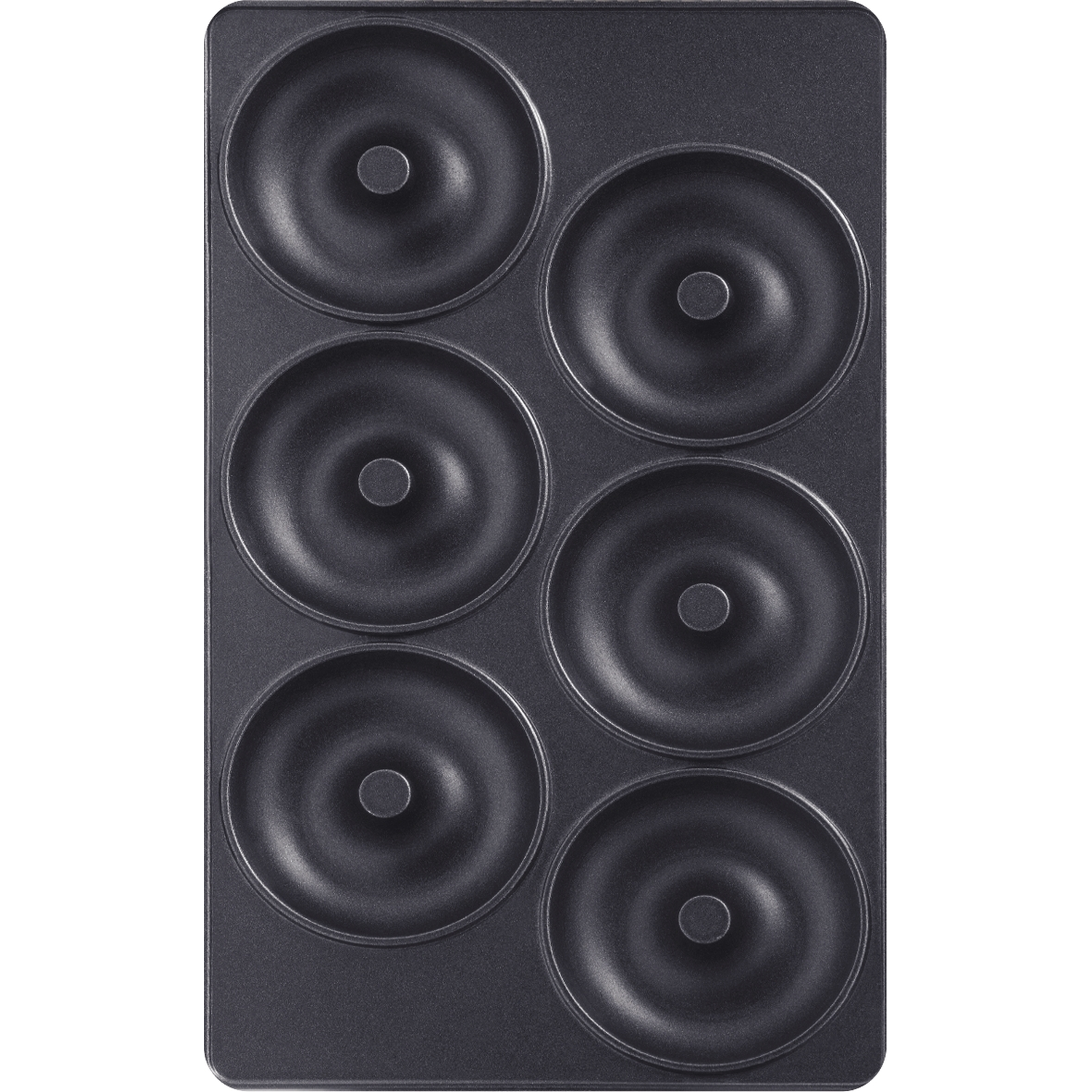 A dark baking pan with six round indentations for donuts.