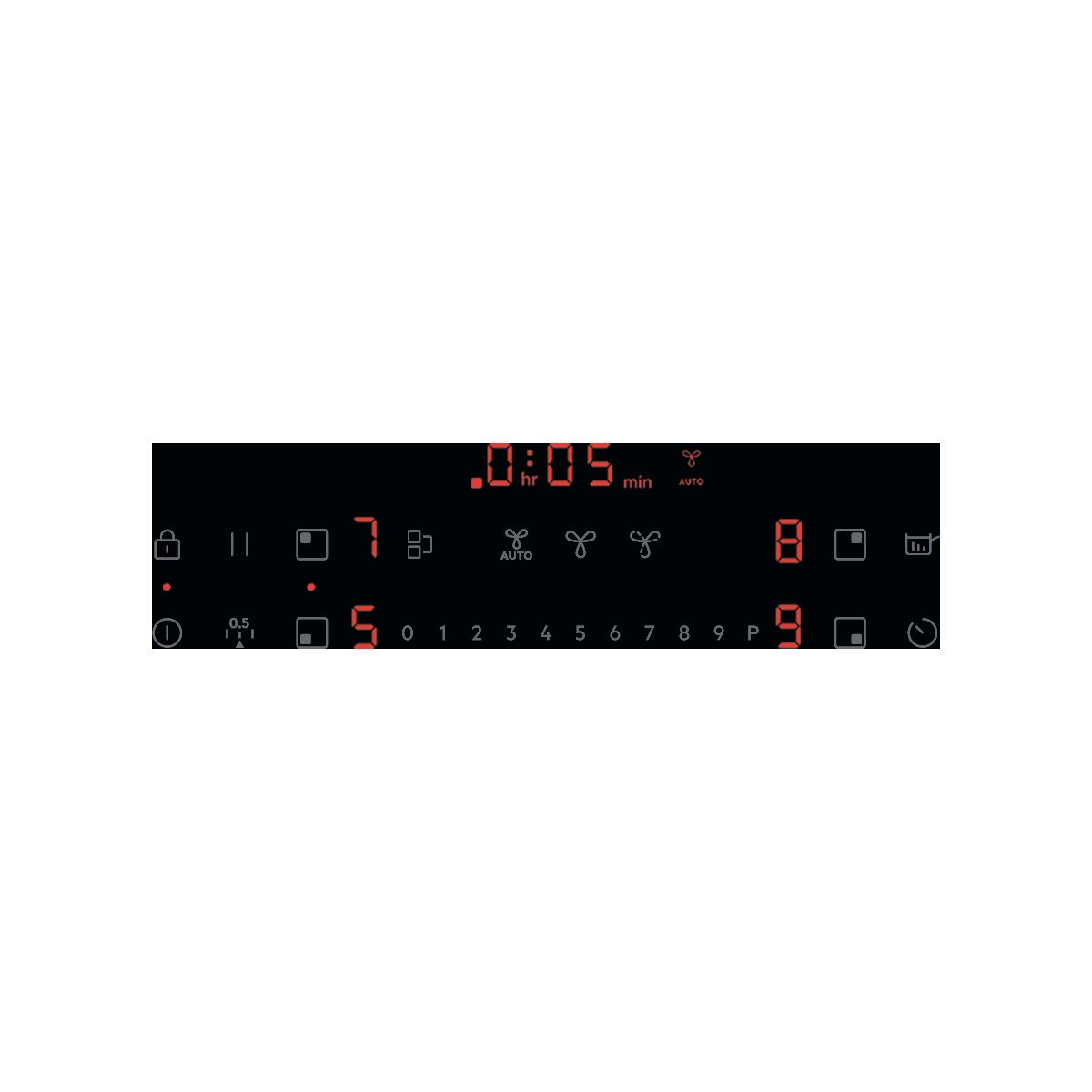 Digitális kijelző piros 0:05, ventilátor és hőmérséklet ikonokkal.