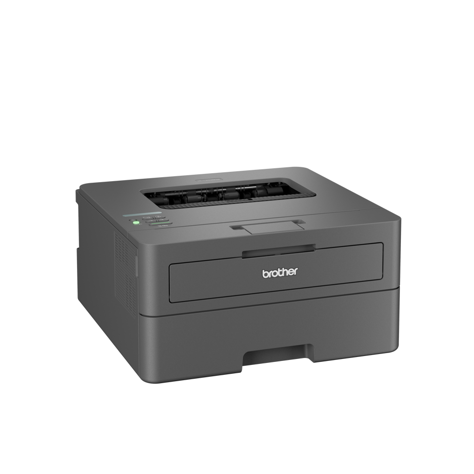 Ein kompakter grauer Brother Laserdrucker steht auf weißem Hintergrund.