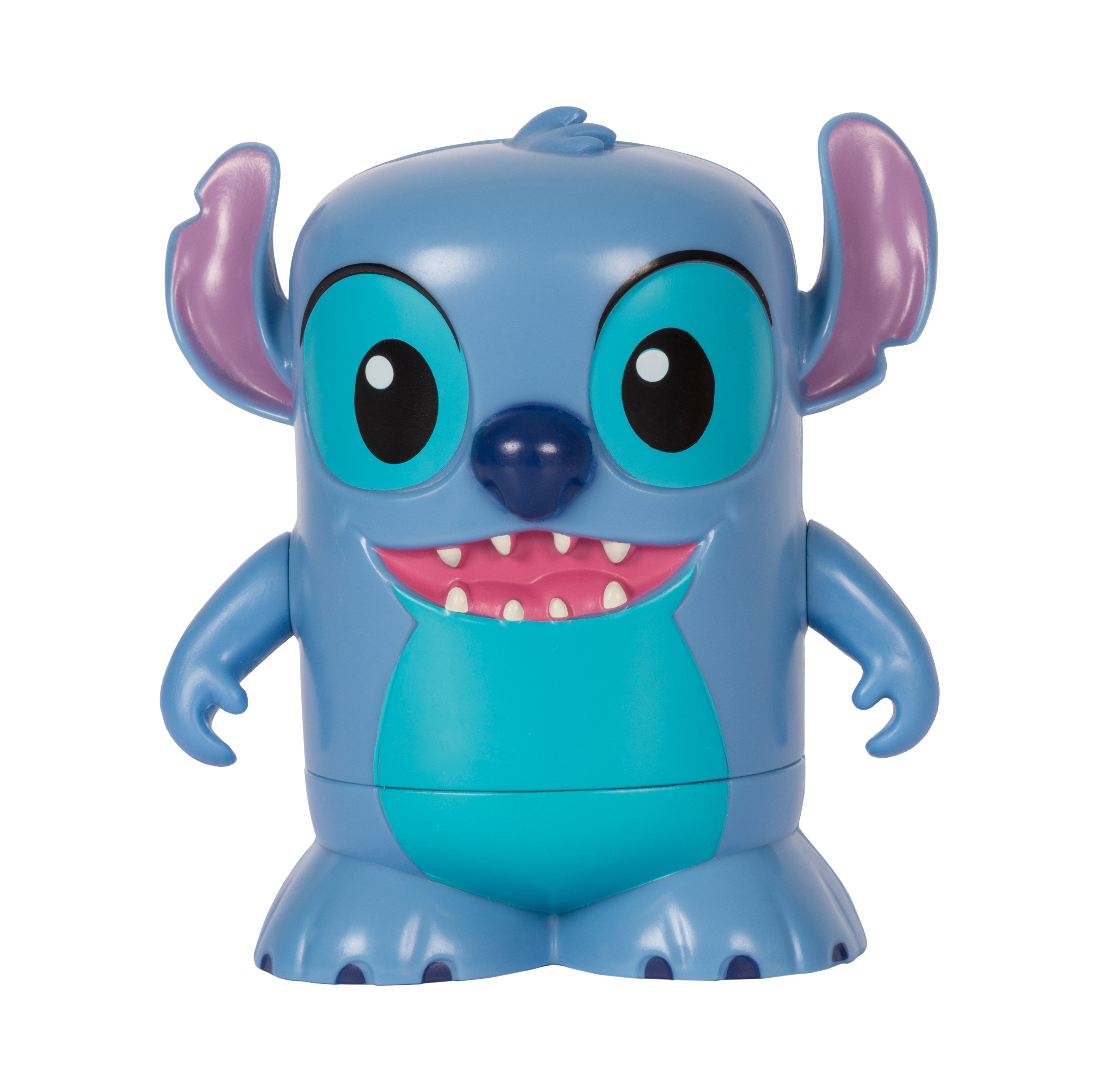 Ein blauer Stitch-Charakter mit großen Augen, breitem Grinsen und lila Ohren.
