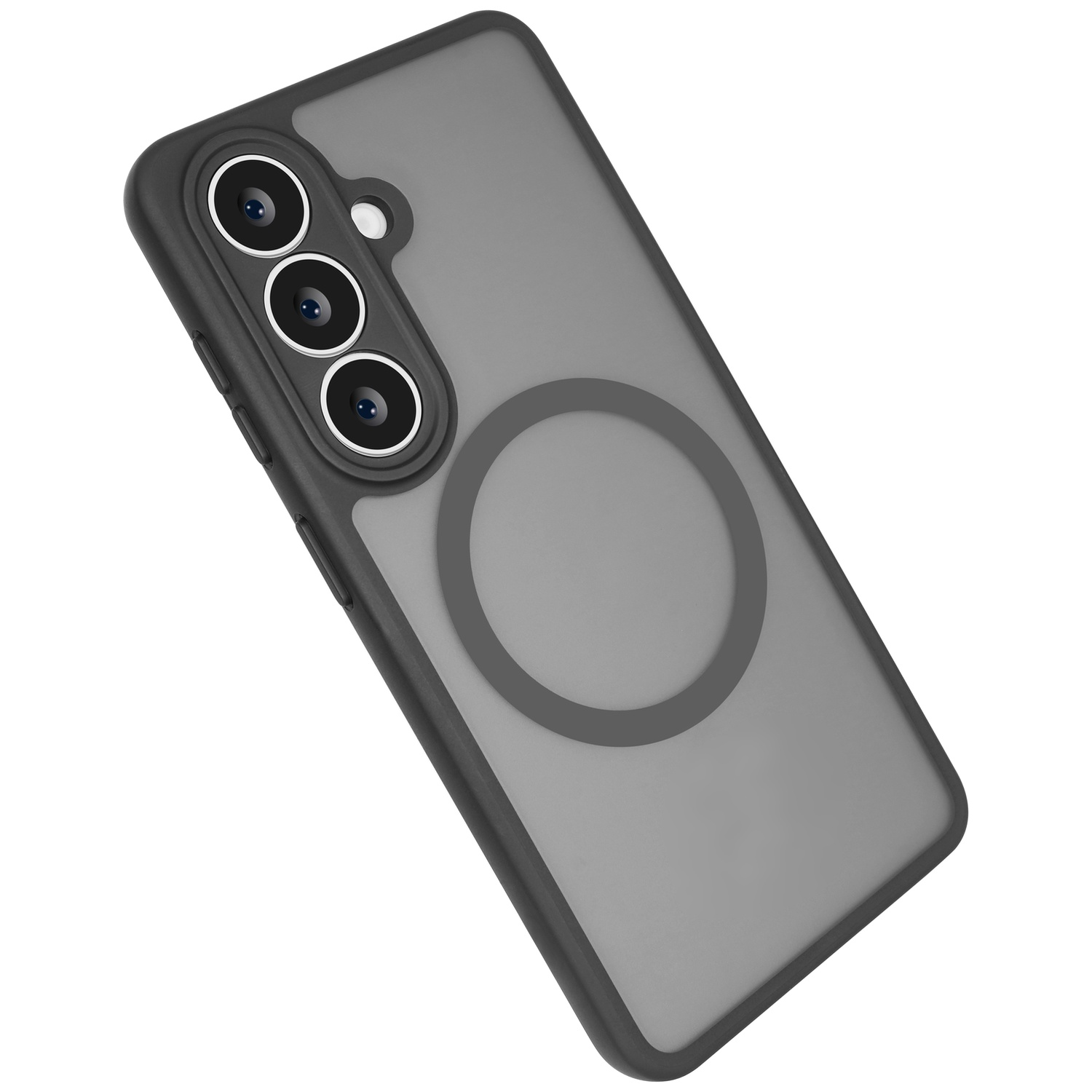 Grijze telefoonhoes met drie cameralenzen en magneetring.