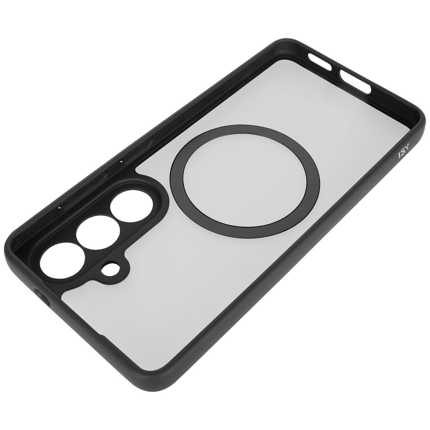 Zwarte telefoonhoes met doorzichtige achterkant en magneetring.