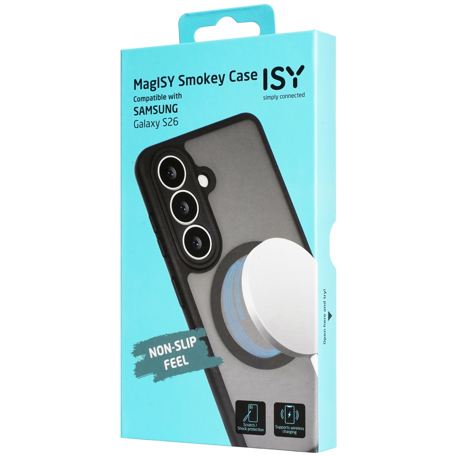 ISY MagISY Smokey hoesje voor Samsung Galaxy S26, zwart, met MagSafe ring.