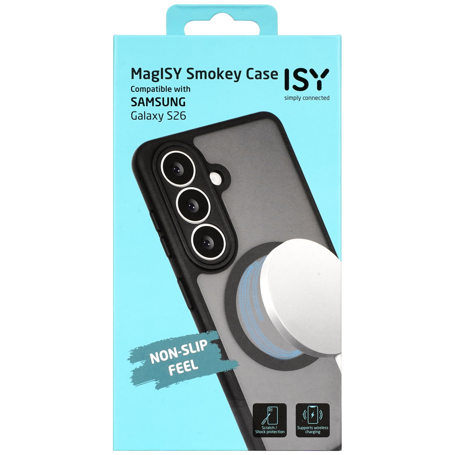 Verpakking voor MagISY Smokey Case voor Samsung Galaxy S26, toont functies van de hoes.