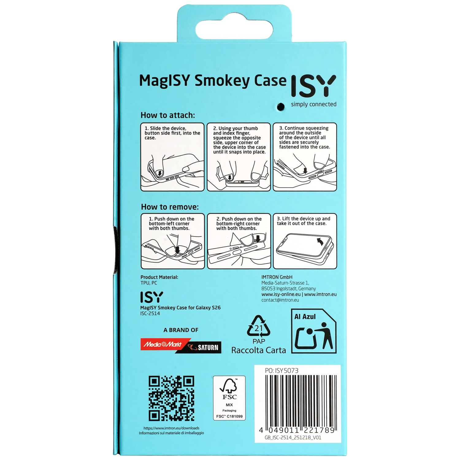 Verpakking voor ISY MagISY Smokey Case voor Galaxy S26. Instructies voor bevestigen/verwijderen.