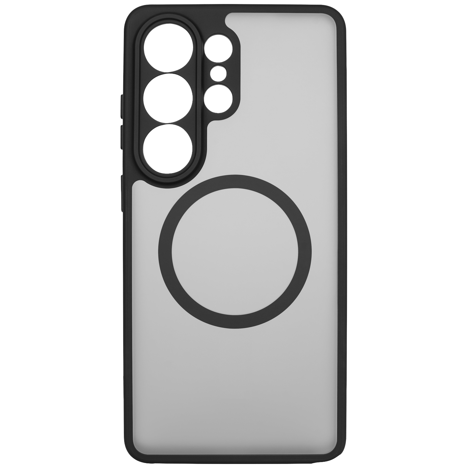 Grijze telefoonhoes met zwart frame en camera-uitsparingen.