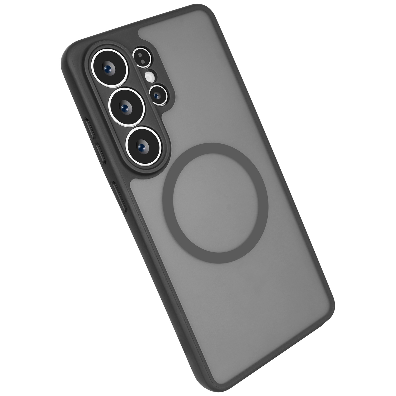 Grijze telefoonhoes met magneetring en vier cameralenzen.