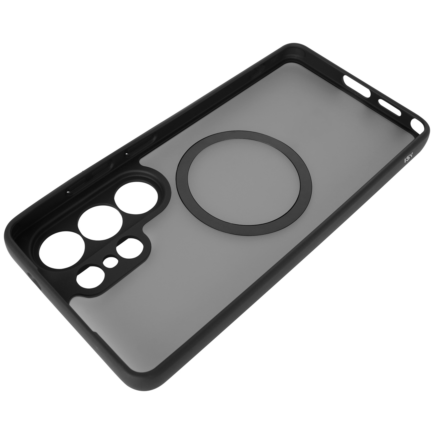 Zwarte telefoonhoes met transparante achterkant en ringhouder.