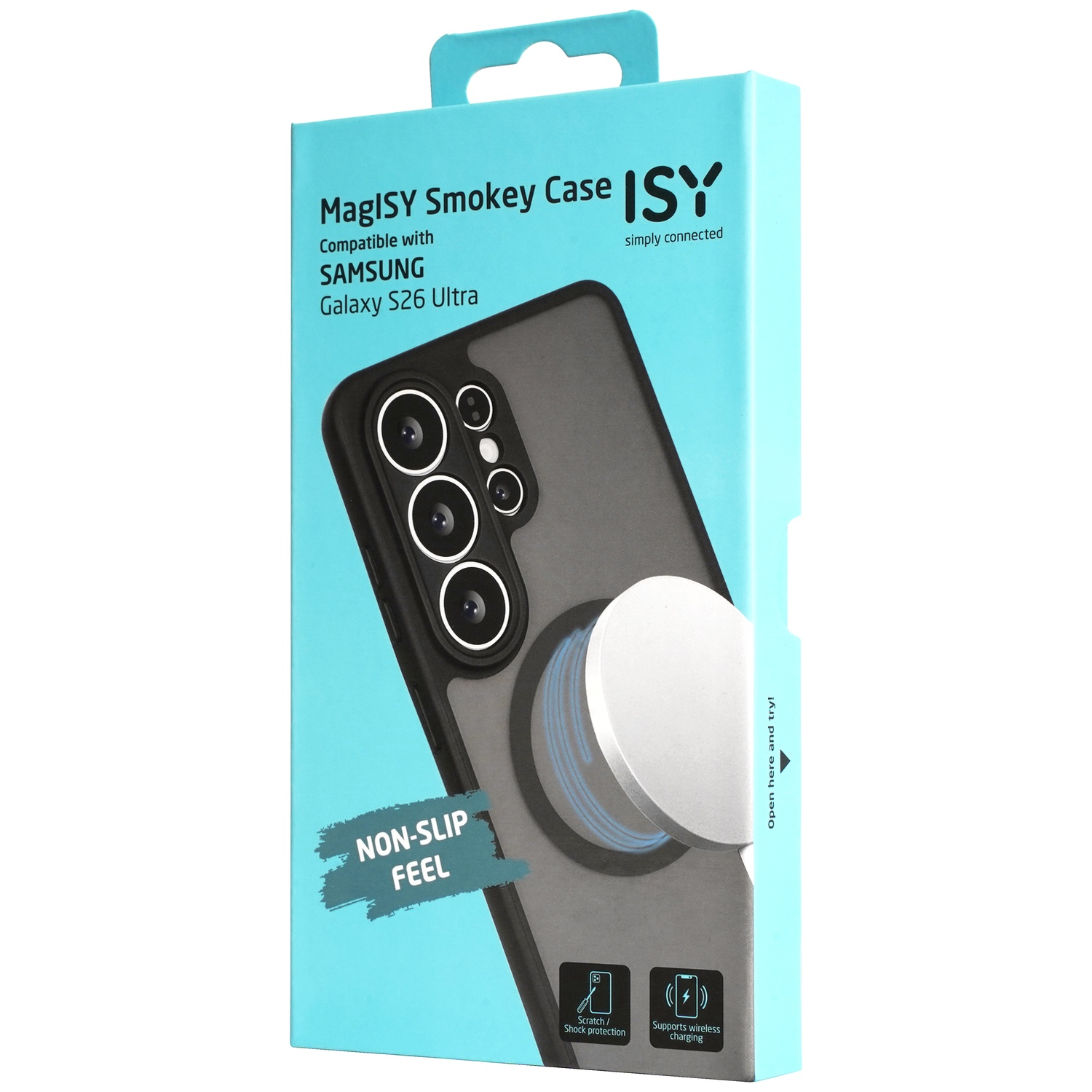 Verpakking van een MagISY telefoonhoesje voor Samsung Galaxy S26 Ultra met lipje.