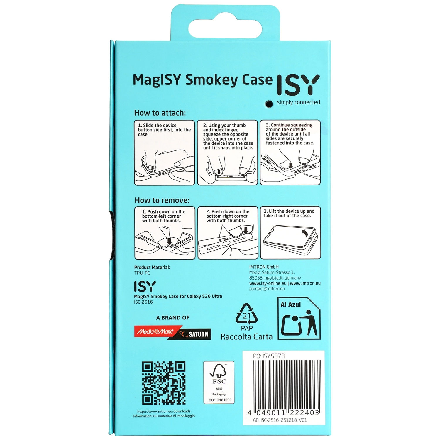 Verpakking voor een ISY MagISY Smokey hoesje met bevestigingsinstructies.