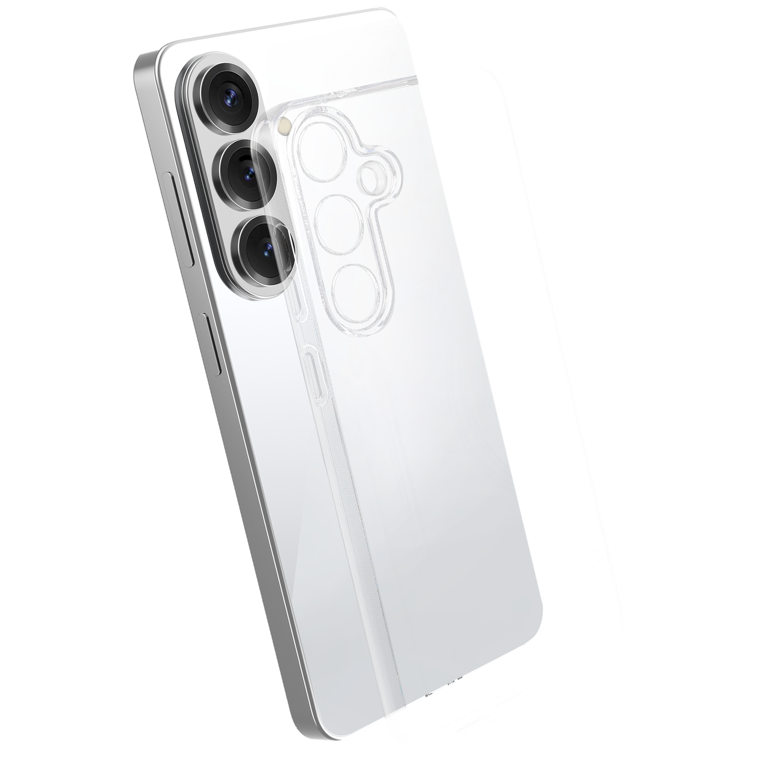 Een doorzichtige telefoonhoes over een zilveren smartphone met drie camera's.