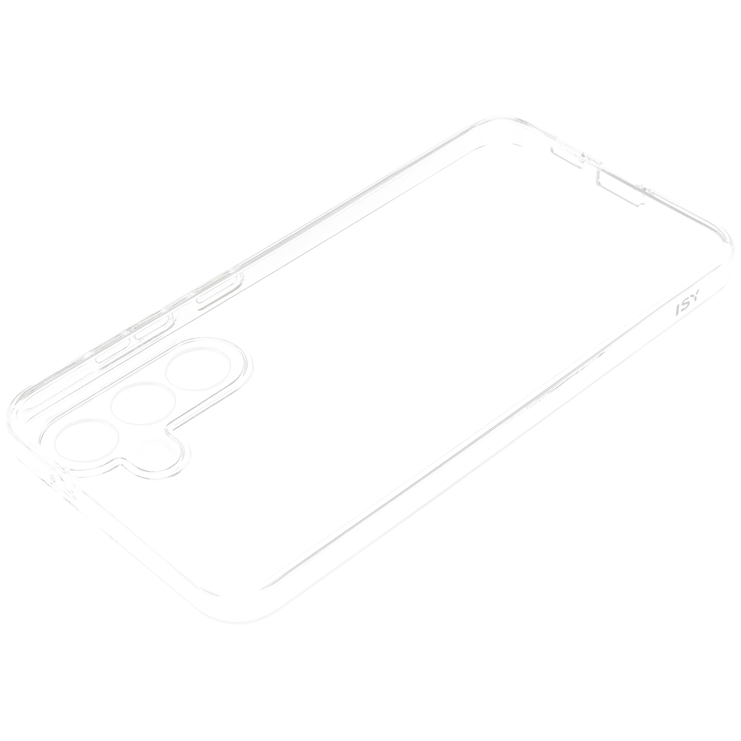 Transparante telefoonhoes met uitsparing voor drie camera's.