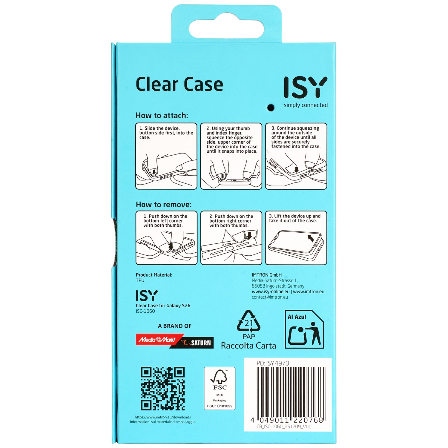 Verpakking voor ISY Clear Case voor Galaxy S26, met instructies.