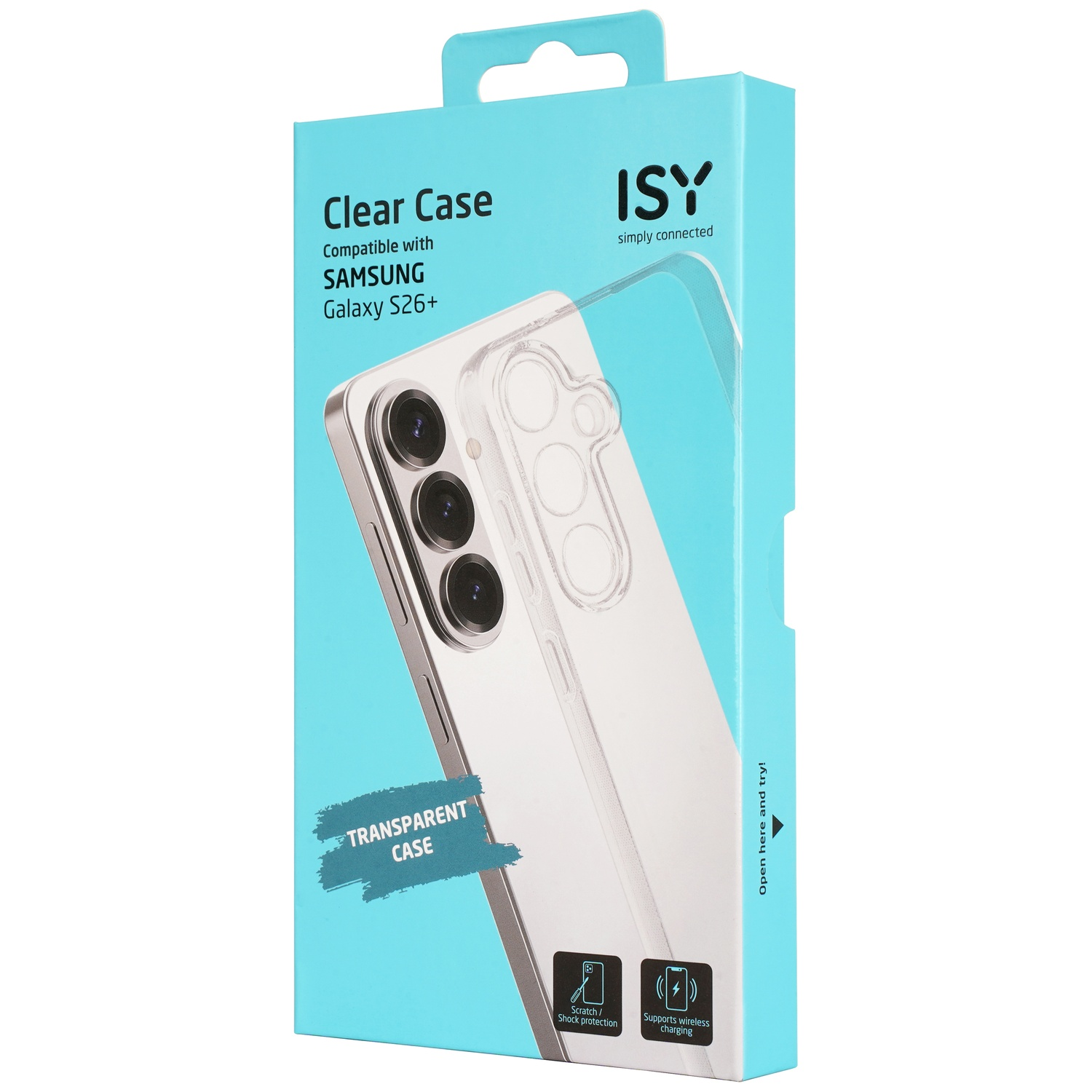 Emballage d'une coque transparente pour Samsung Galaxy S26+, avec image de téléphone.