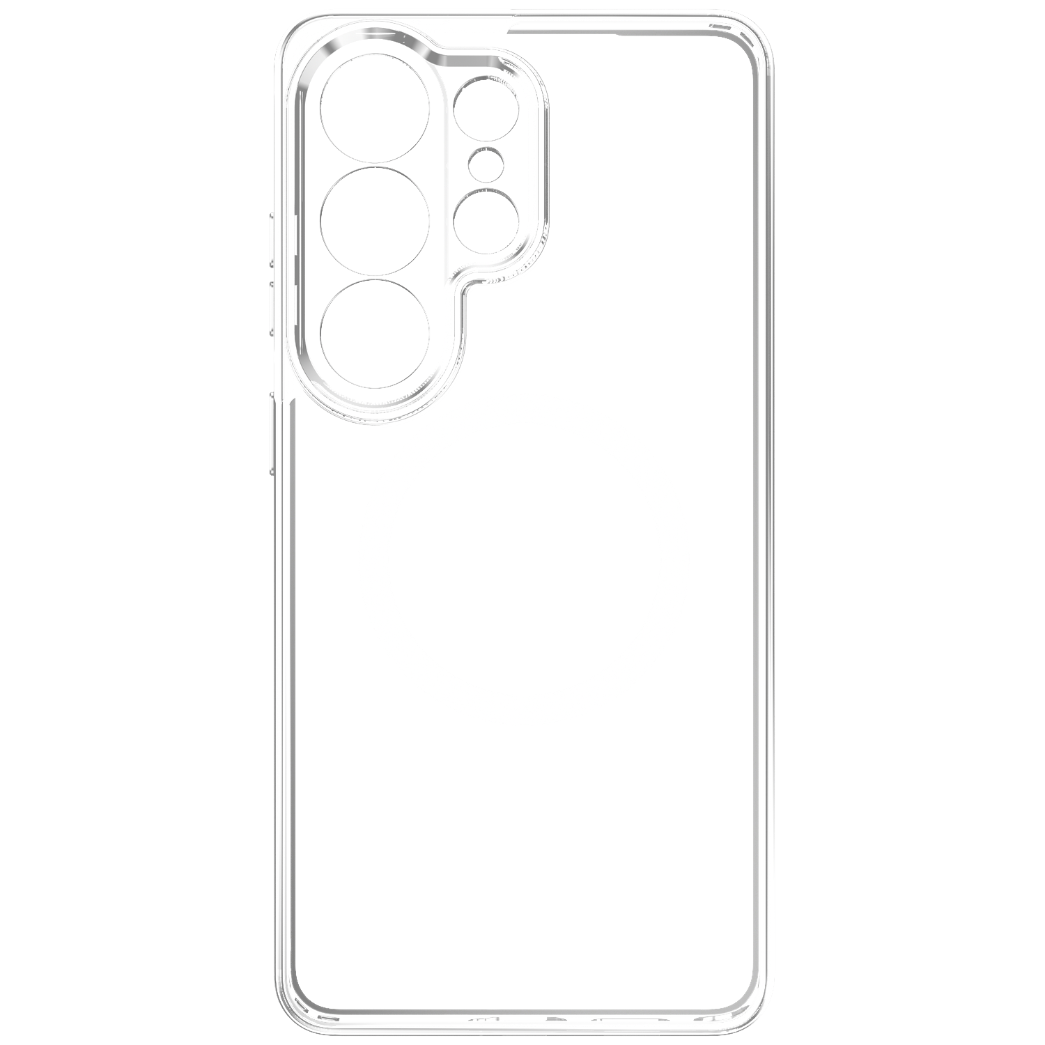 Doorzichtige telefoonhoes met drie cameralenzen en flitser.