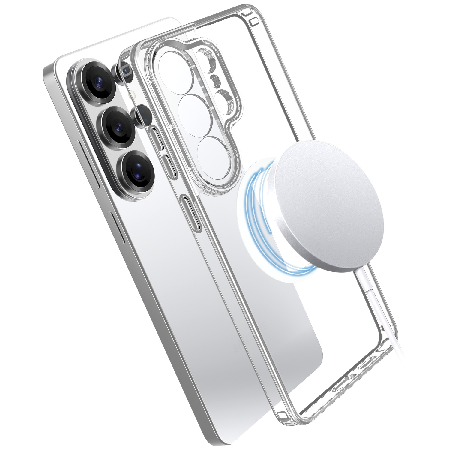 Een doorzichtige telefoonhoes met magische ring, die een telefooncamera toont.
