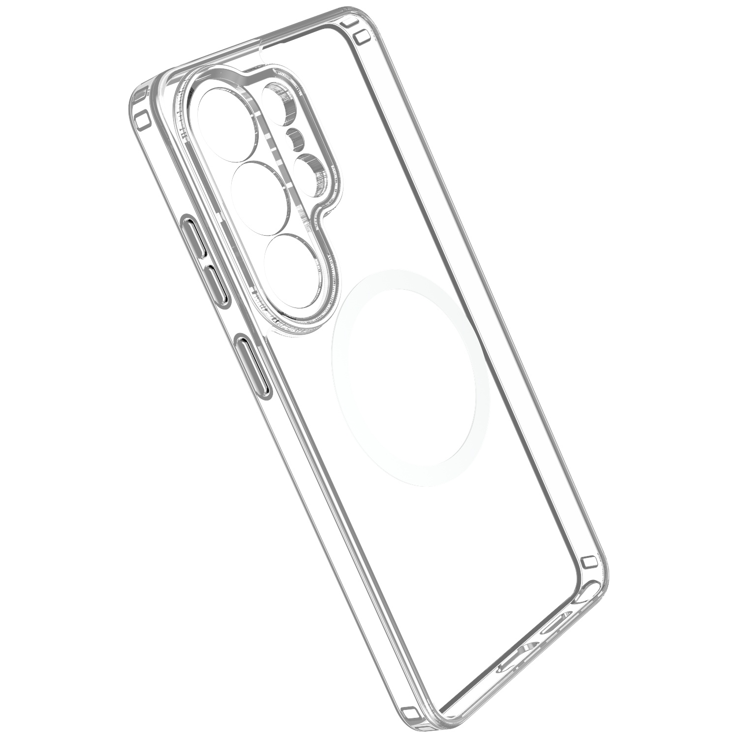 Transparante telefoonhoes met MagSafe-ring en camerabehuizing.