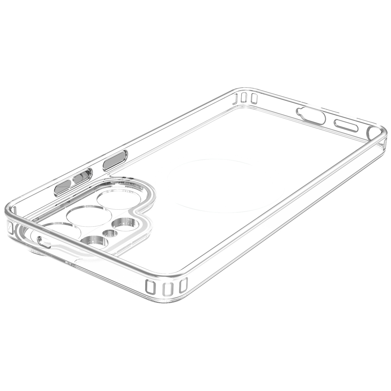 Doorzichtige telefoonhoes met uitsparingen voor camera en knoppen.