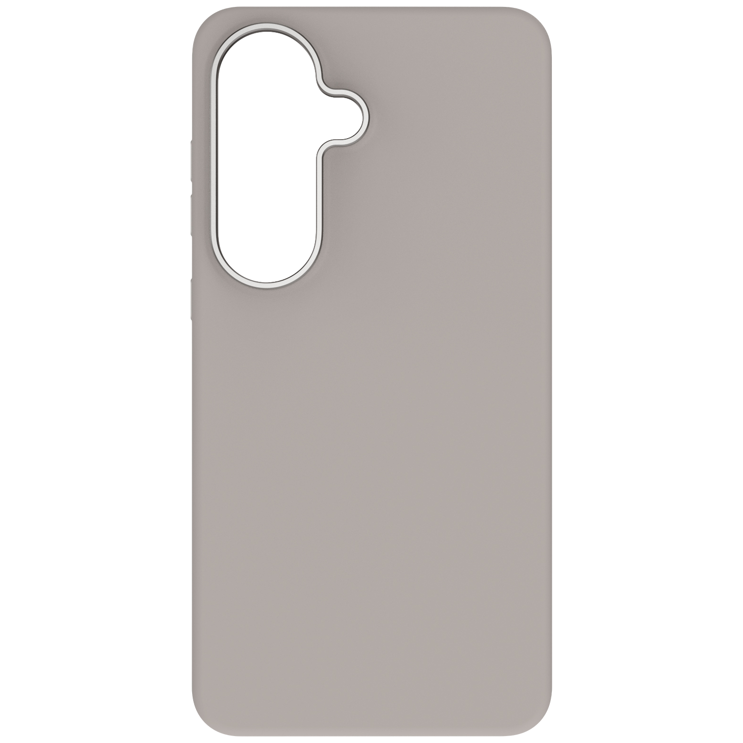 Coque de téléphone grise avec découpe caméra et bordure argentée.