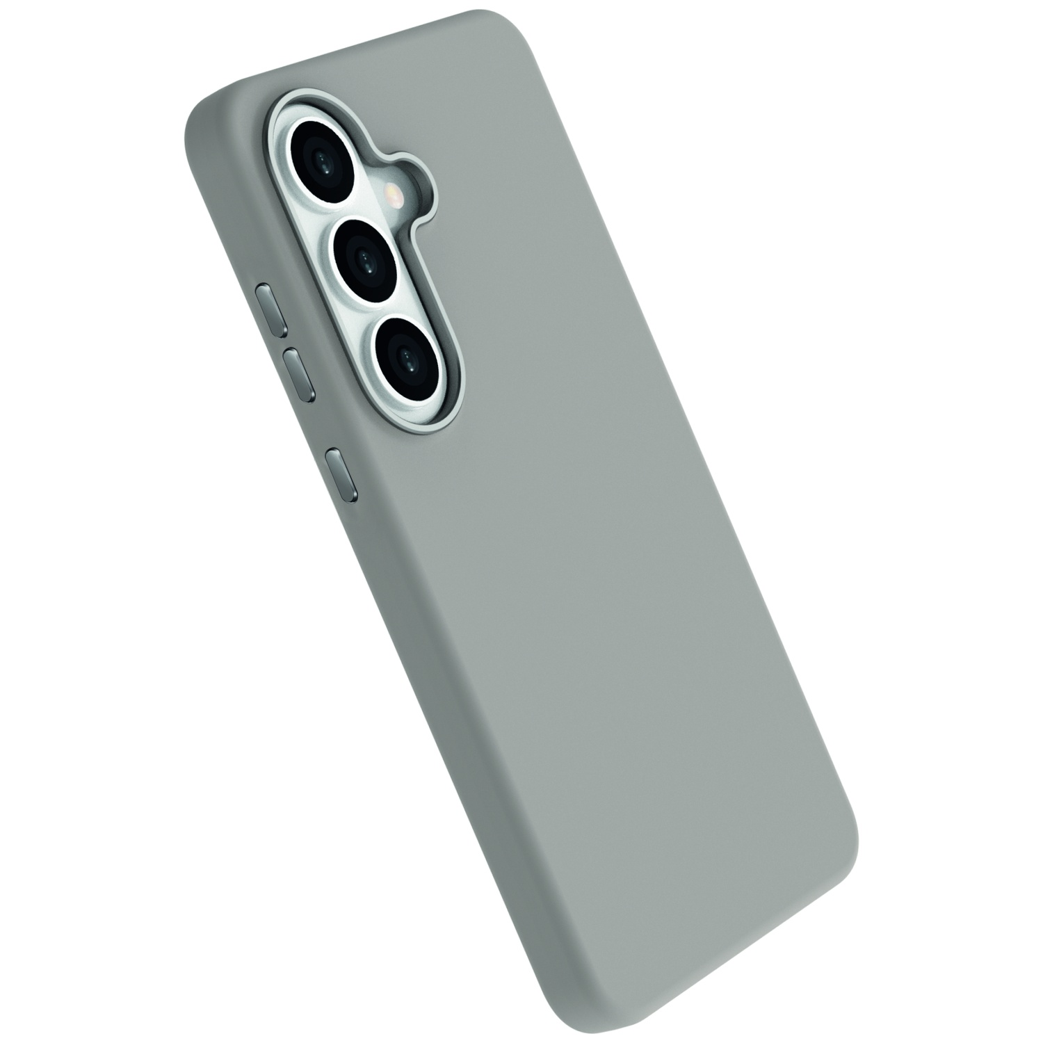 Coque de téléphone grise avec trois objectifs photo et boutons latéraux.