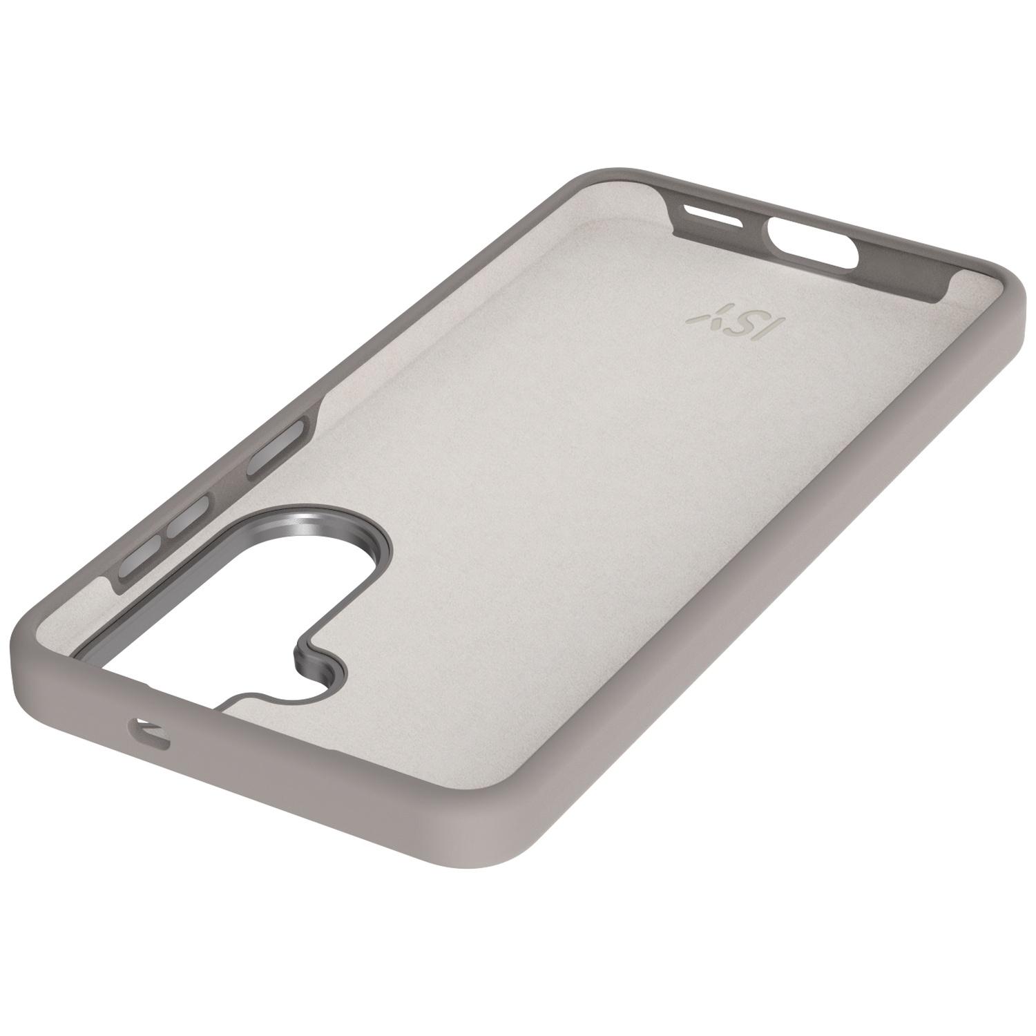 Coque de téléphone grise avec doublure intérieure douce et découpes pour ports.