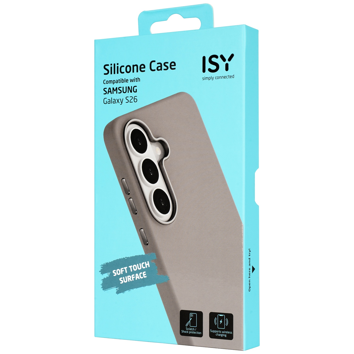 Coque en silicone grise pour Samsung Galaxy S26 sur boîte turquoise.