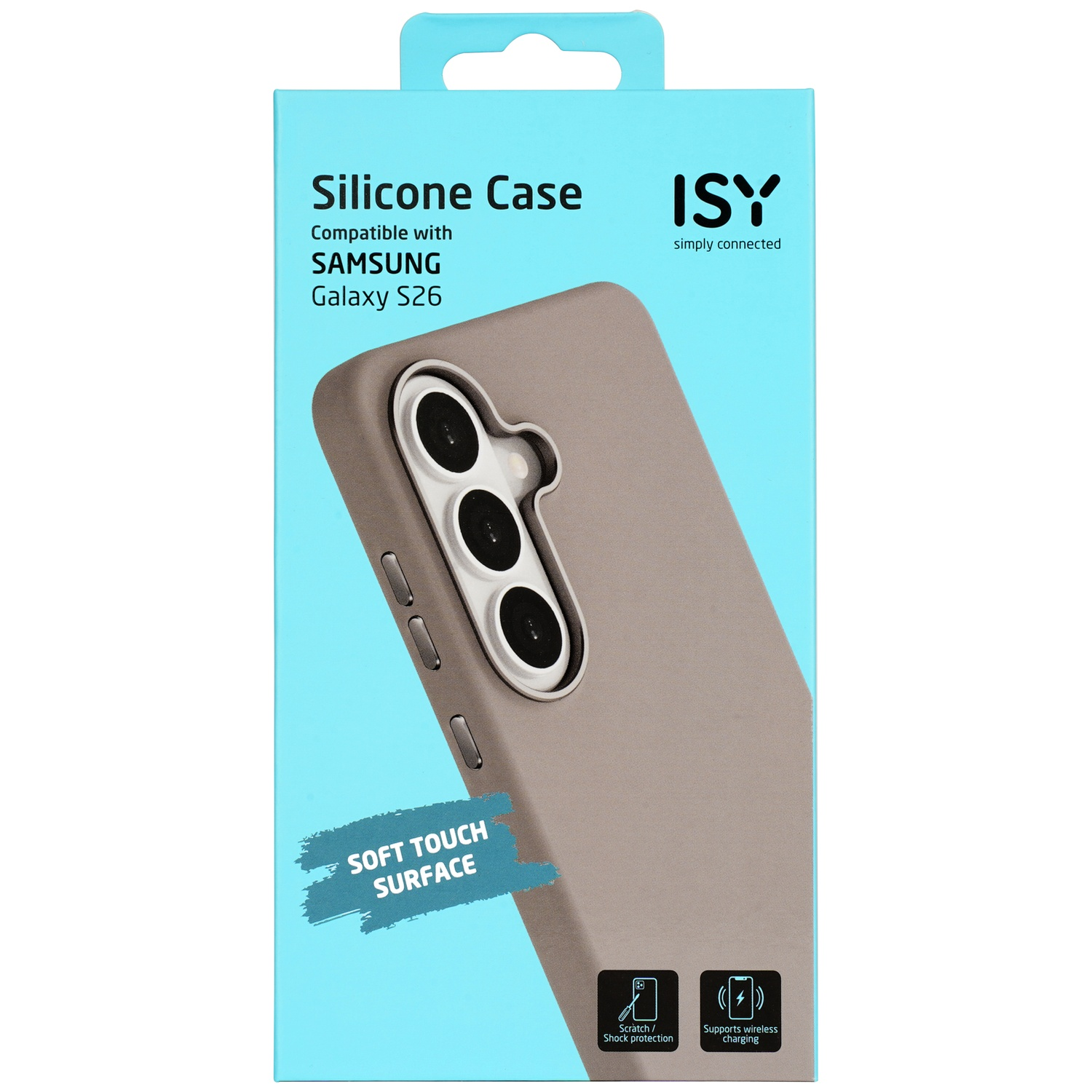 Une coque en silicone marron clair pour Samsung Galaxy S26 sur une boîte bleue.