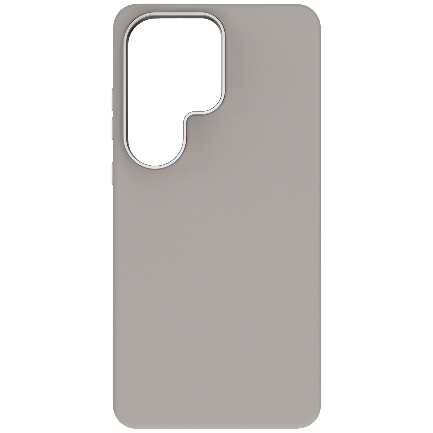 Coque de téléphone grise avec bordure argentée autour de l'ouverture de la caméra.