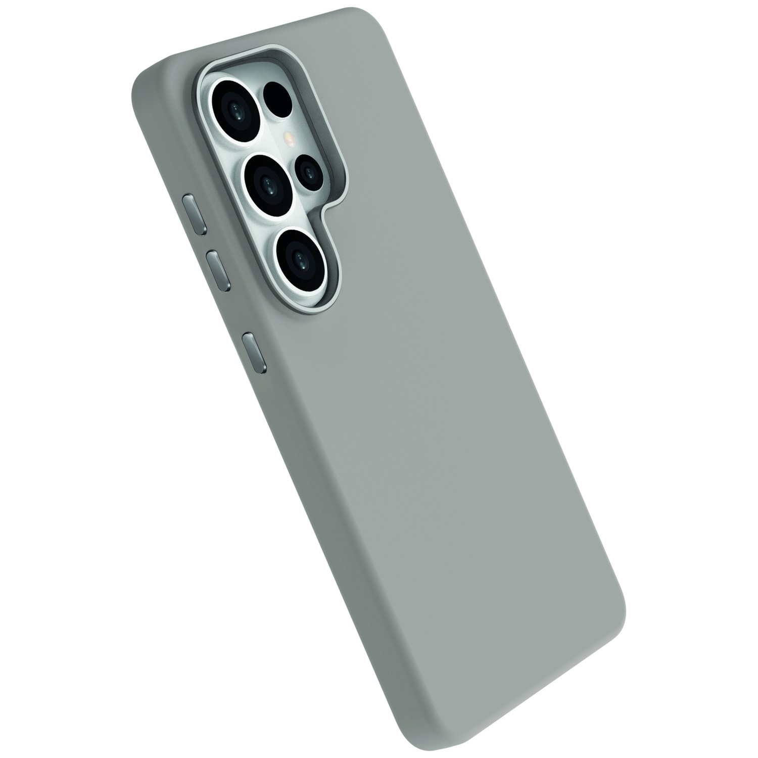 Coque de téléphone grise avec module caméra à cinq objectifs.